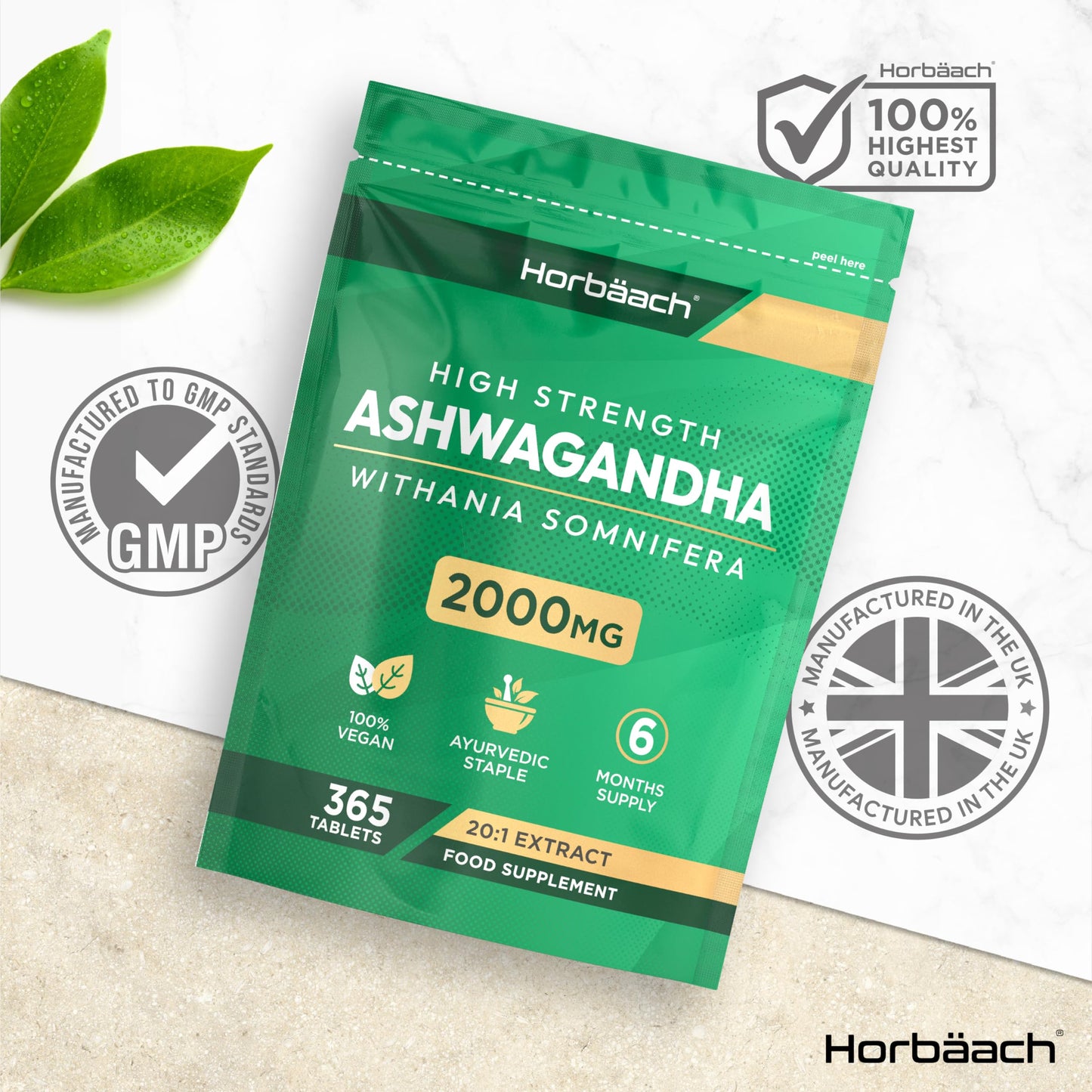 Ashwagandha Tablets | High Strength 2000mg Ashwagandha Root | Suitable for Men & Women | 365 Vegan Tablets | by Horbaach