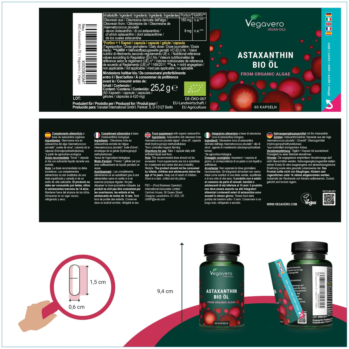Vegavero Organic Astaxanthin 8mg | Natural Astaxanthin Antioxidant Supplements | Highly Bioavailable | NO Additives, Lab-Tested | 60 Capsules | Vegan