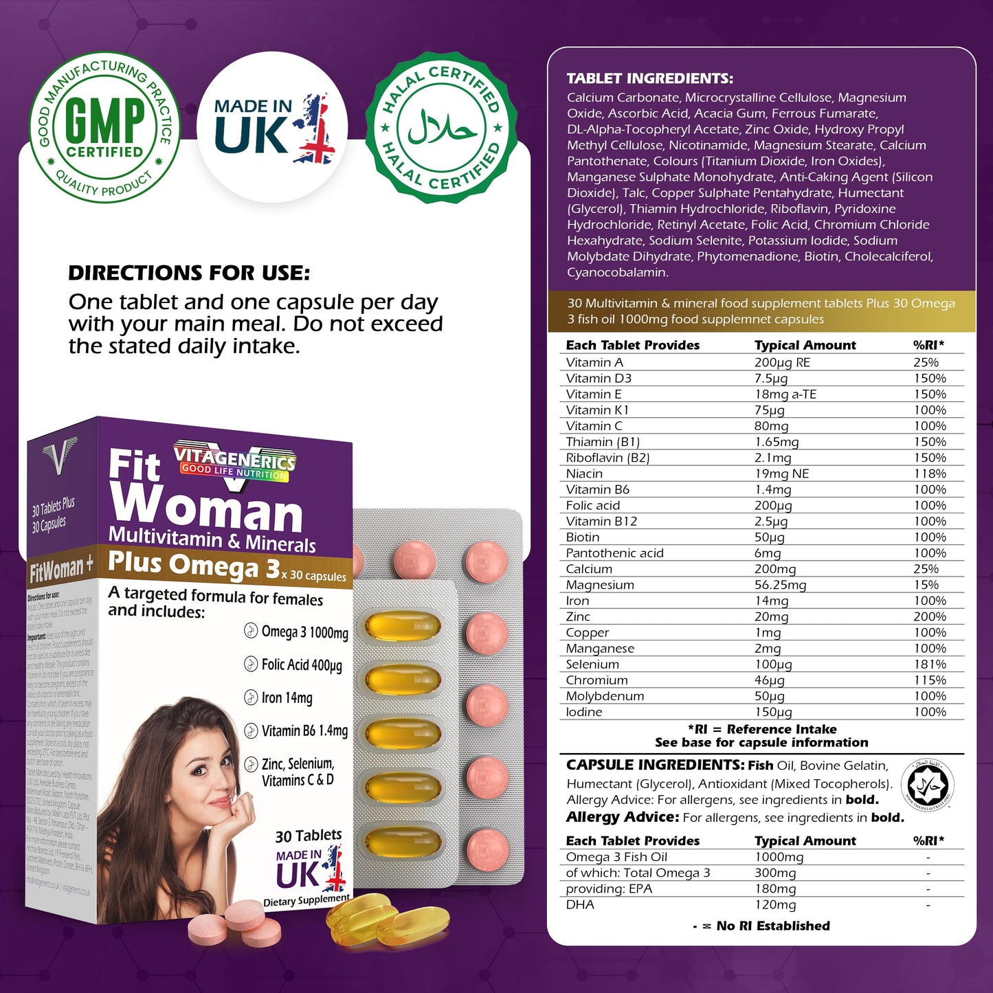 VitaGenerics VITAGENERICS FitWoman Multivitamin & Minerals Plus Omega 3, 30 Tablets Plus 30 Capsules, with Zinc, Iron & B Vitamins, Made in UK