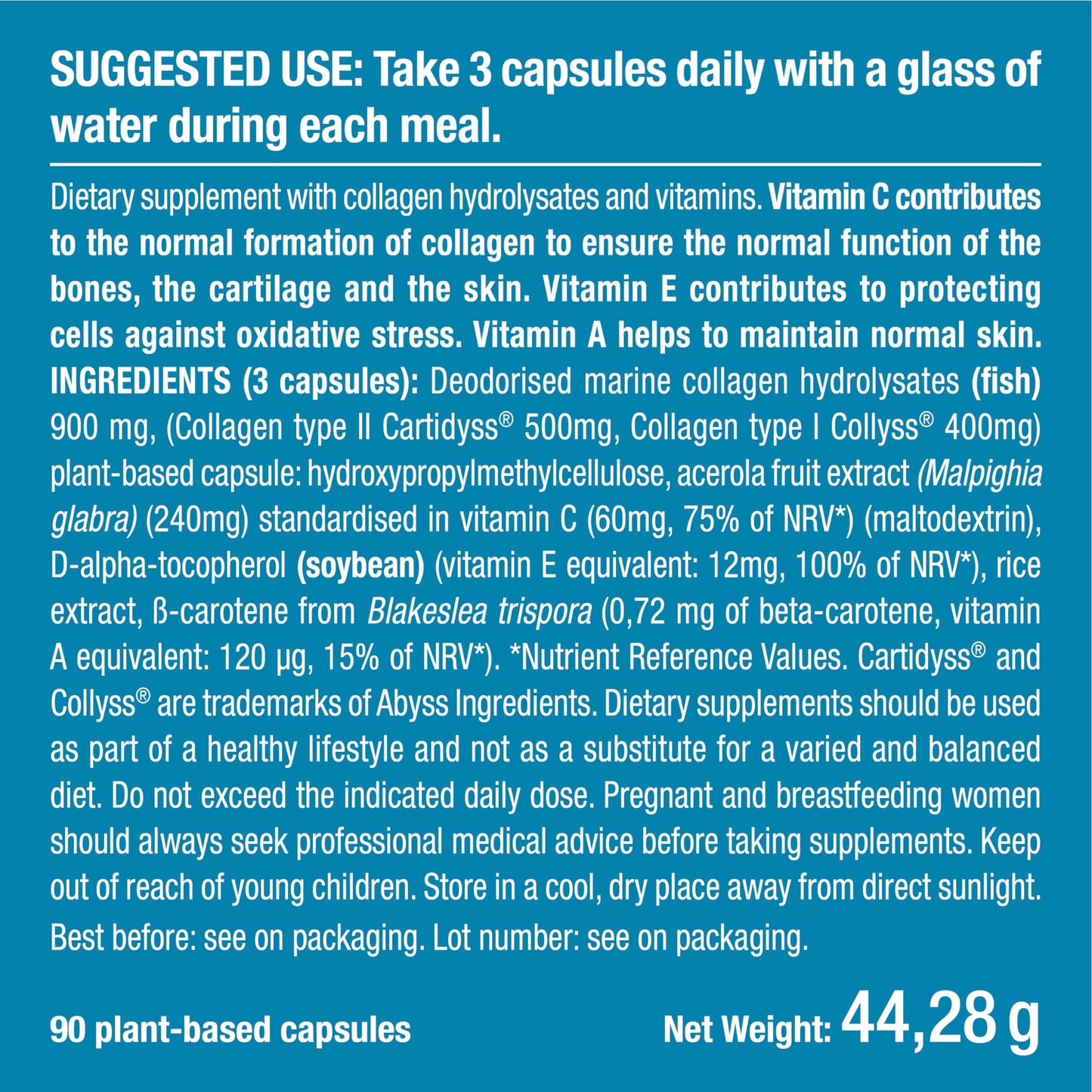 Pure Marine Collagen (900mg) - Enriched with Vitamins C and E – Patented Premium Type I & II Hydrolysed Collagen - Skin Hydration - Protect Bones and Joints - 90 Capsules - French Expertise