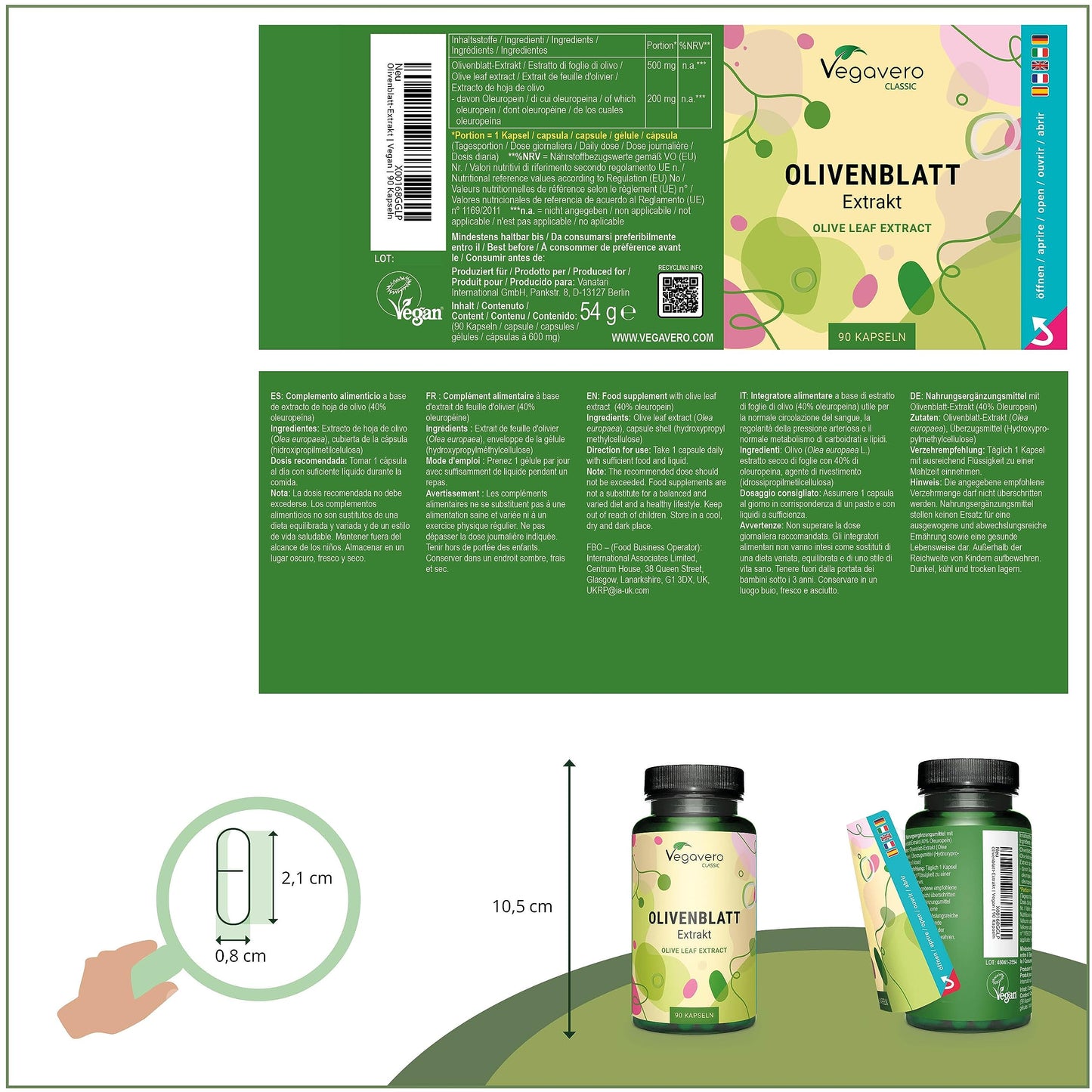 Olive Leaf Extract Vegavero® | Highest Strength 40% Oleuropein | Spanish Olive Leaves | NO Additives, Lab-Tested | 500mg (15:1) Equivalent 7500mg | 90 Capsules | Vegan