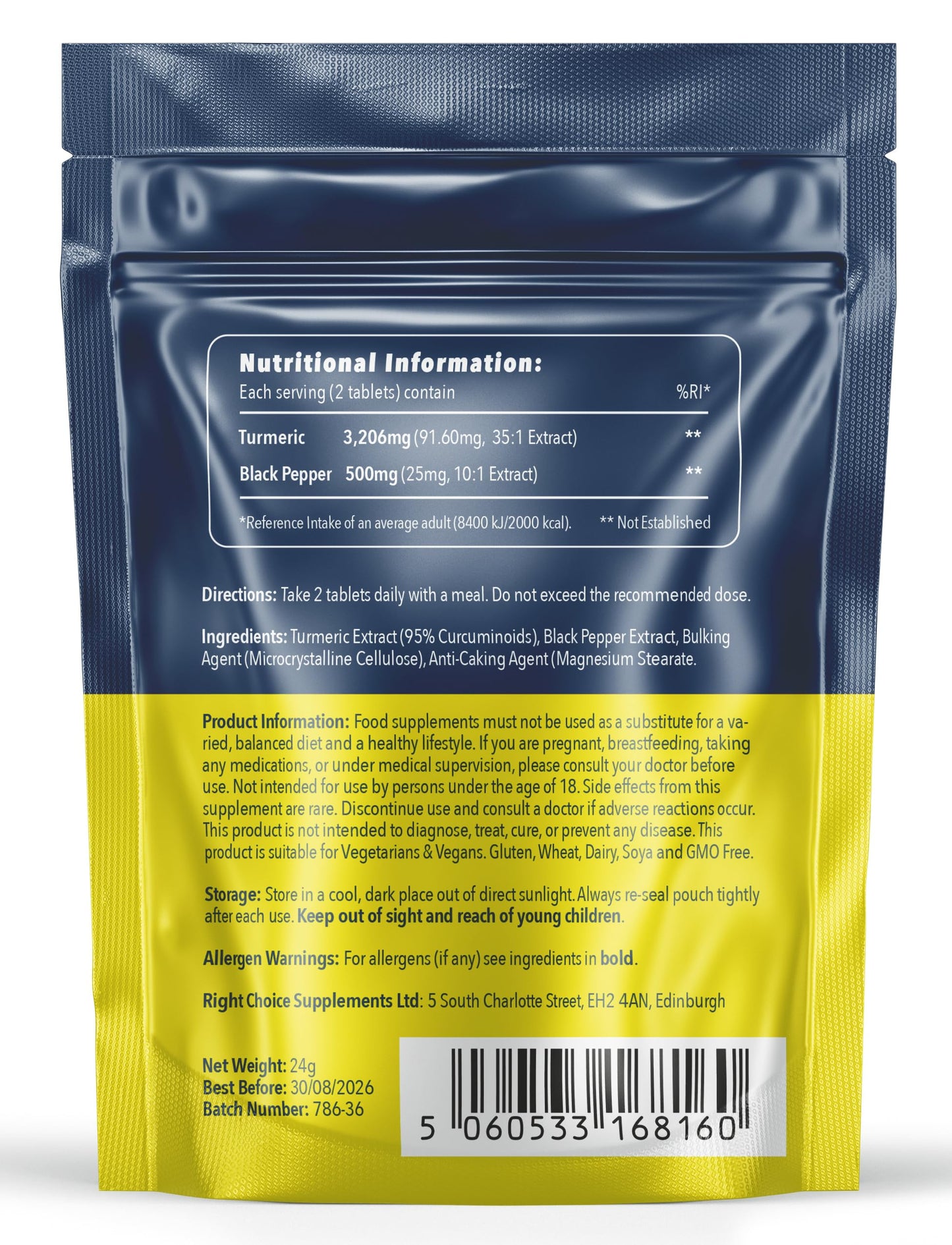 Turmeric Tablets 3200mg with Black Pepper | 180 High Strength Curcumin Supplements | Turmeric and Black Pepper Tablets (Not Turmeric Capsules or Powder) | Vegan and Gluten Free | UK Made