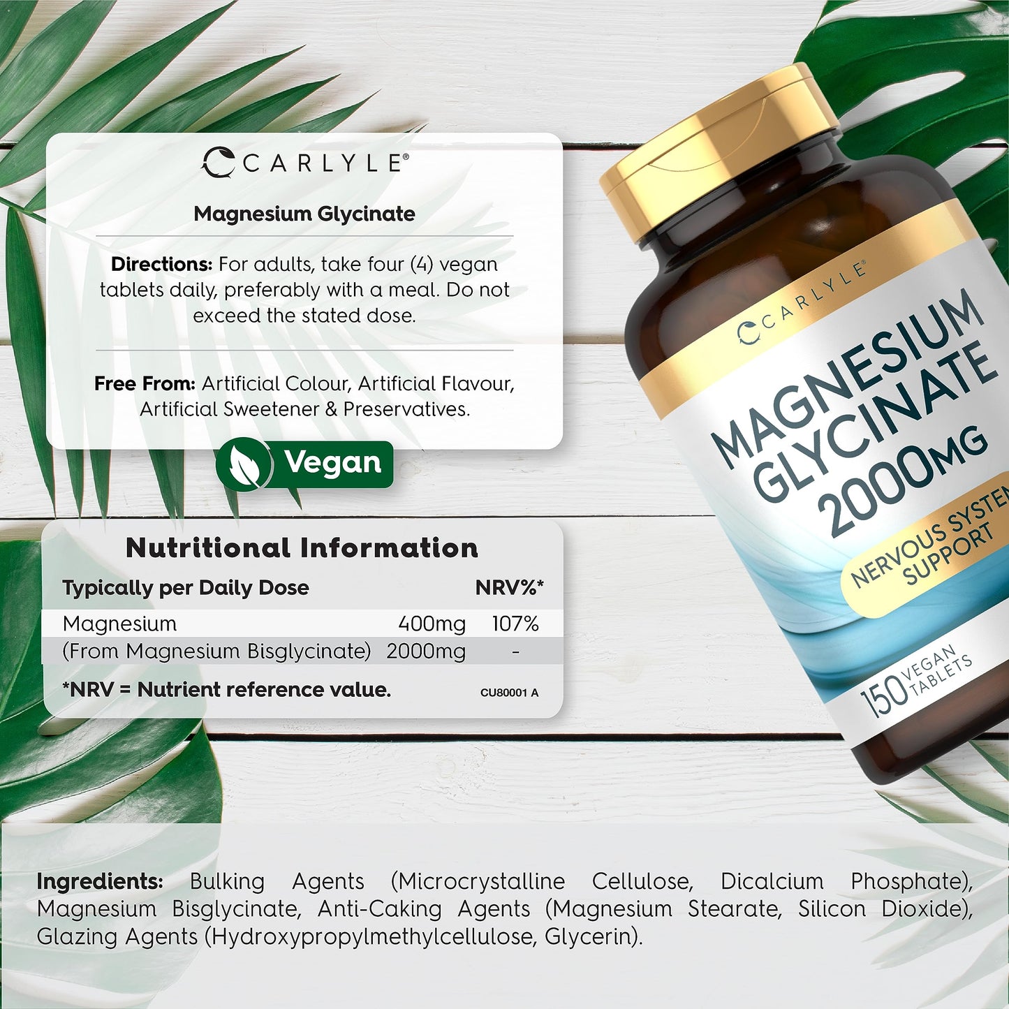 Magnesium Glycinate Supplements | 2000mg High Strength Magnesium Bisglycinate | 150 Vegan Tablets | by Carlyle