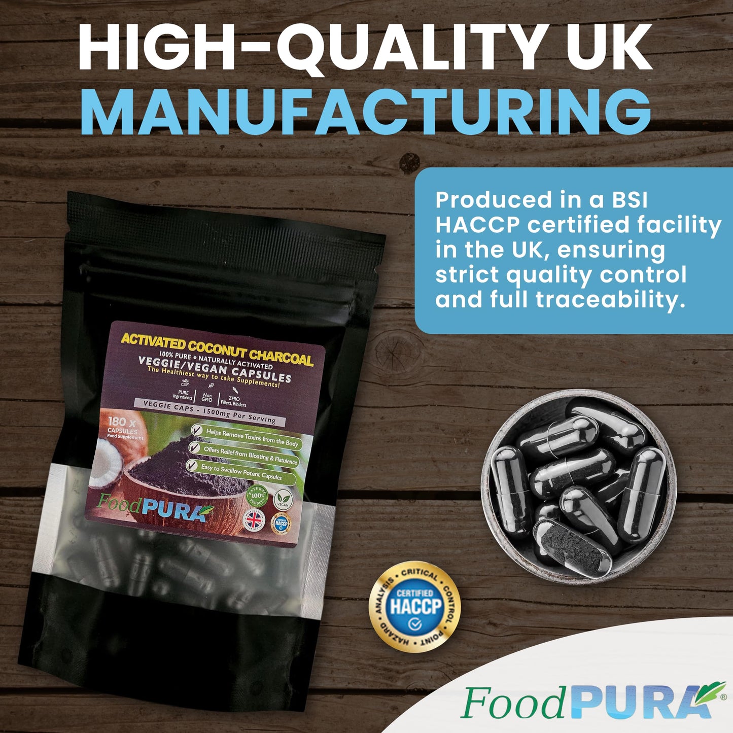 FoodPURA Coconut Activated Charcoal Capsules 1500mg x 180 100% Natural Vegan Digestive Supplement Reduces Bloating & Flatulence After Eating (180)