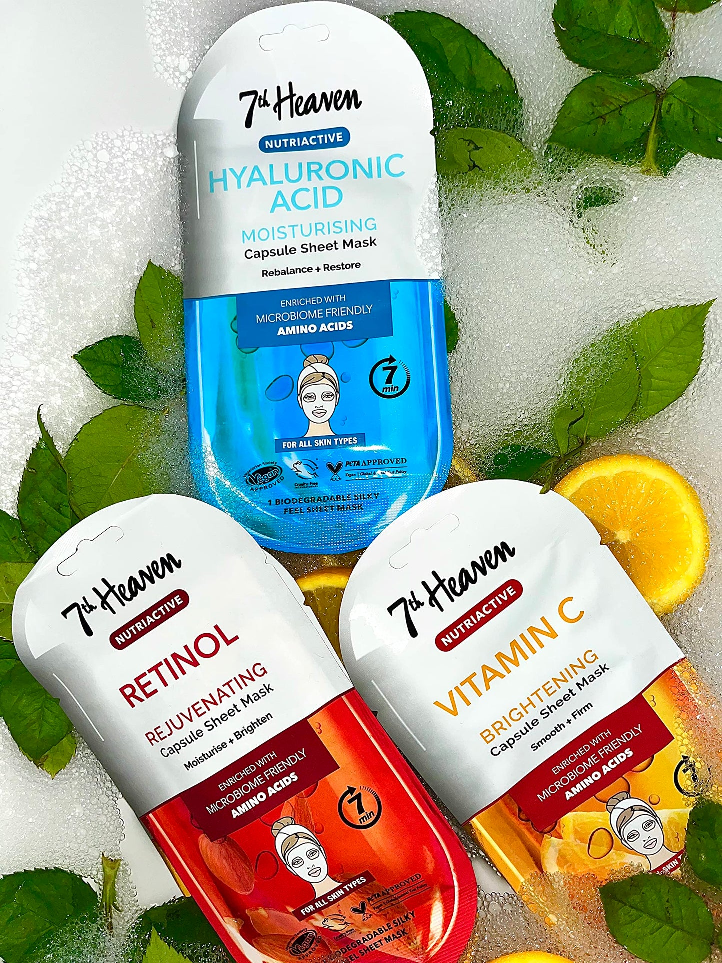7th Heaven Nutriactive Skincare - 3 Face Sheet Masks - Hyaluronic Acid, Vitamin C and Retinol