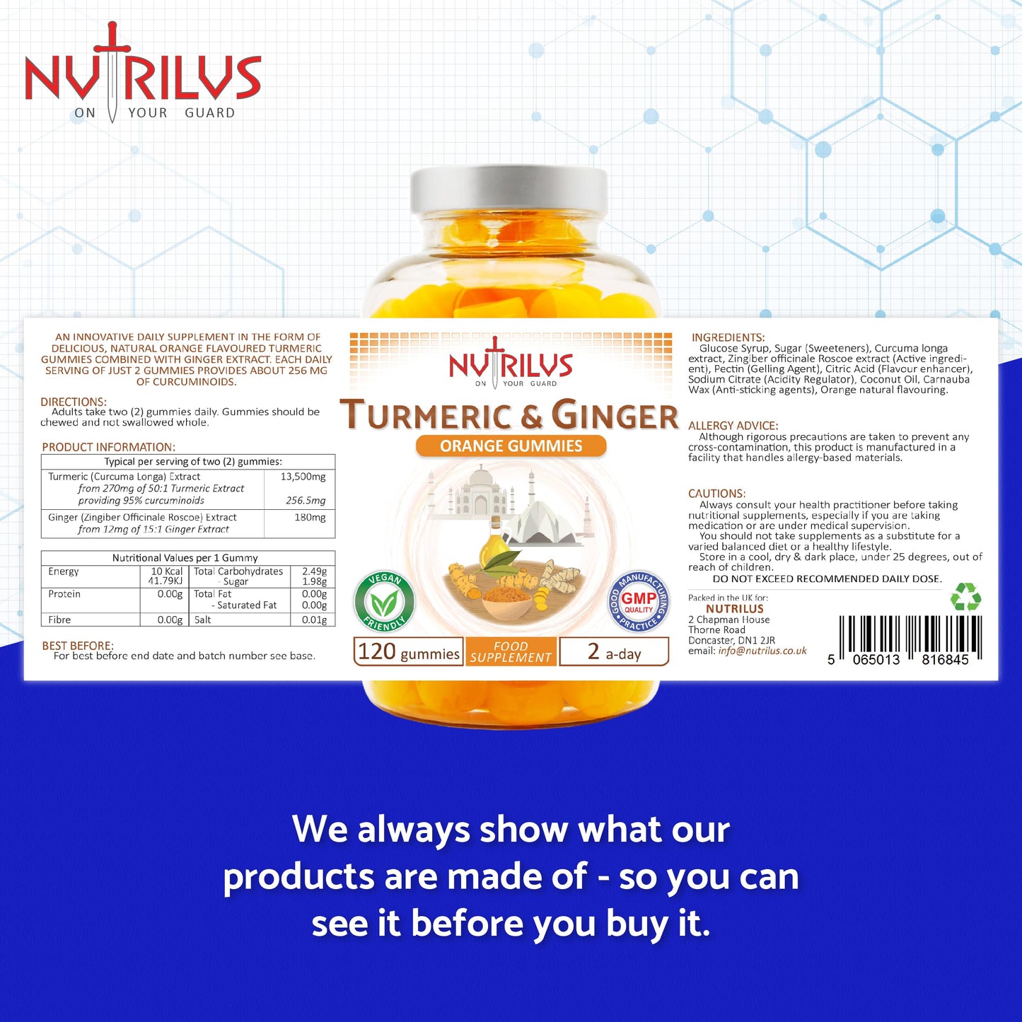 Turmeric and Ginger 120 Natural Orange Gummies - High Strength, Vegan Supplement - Large Pack - 13,500mg per Serving - 95% Curcuminoids