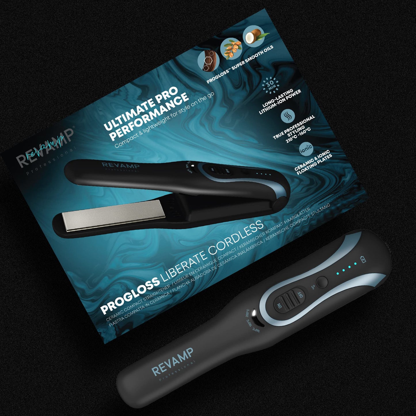 REVAMP Progloss Liberate Shine Cordless Straightener, Ceramic Compact Straightener with Lithium-Ion Technology for Frizz-Free Hairstyles, Infused with Smooth Keratin, Argan and Coconut Oils, Black