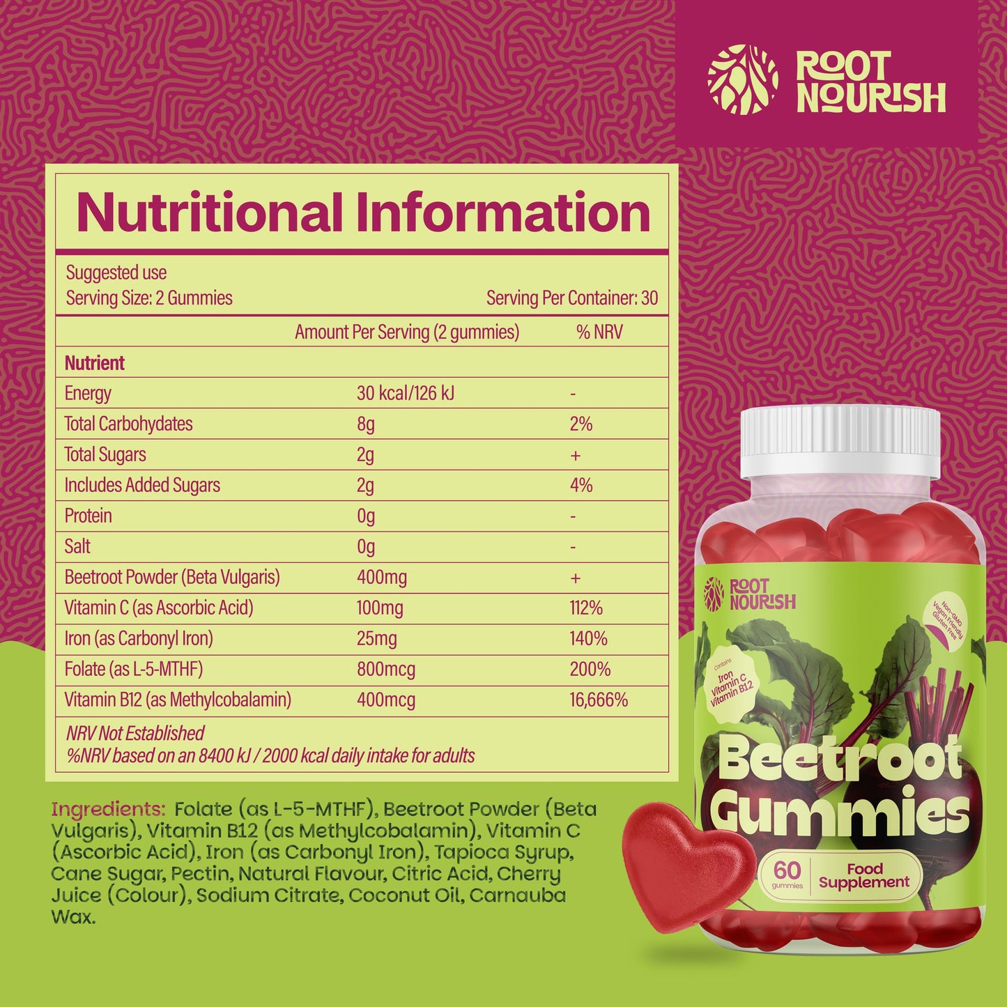 RootNourish Beetroot Gummies, 60 400mg Beetroot Gummies, High Strength Multi Vitamin Supplement High in Iron, Vitamin C, B12 & Folic Acid Supplement for Energy, Circulation, Tiredness & Immune Support