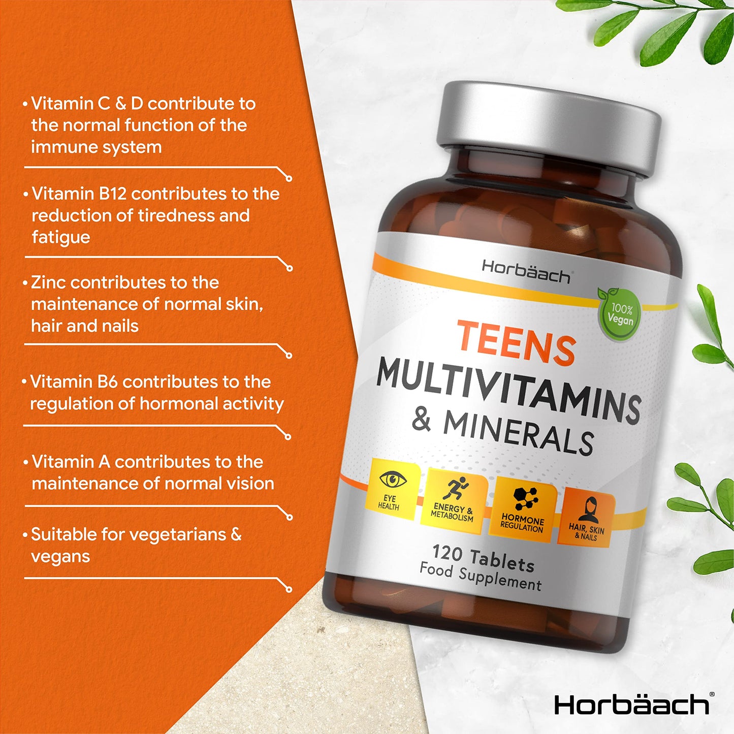 Teen Multivitamin | 120 Vegan Tablets | Immune System Booster | with Vitamins B, D, and E, Calcium, Iron and Zinc | Supplement for Teenage Boys and Girls | by Horbaach