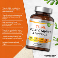 Teen Multivitamin | 120 Vegan Tablets | Immune System Booster | with Vitamins B, D, and E, Calcium, Iron and Zinc | Supplement for Teenage Boys and Girls | by Horbaach