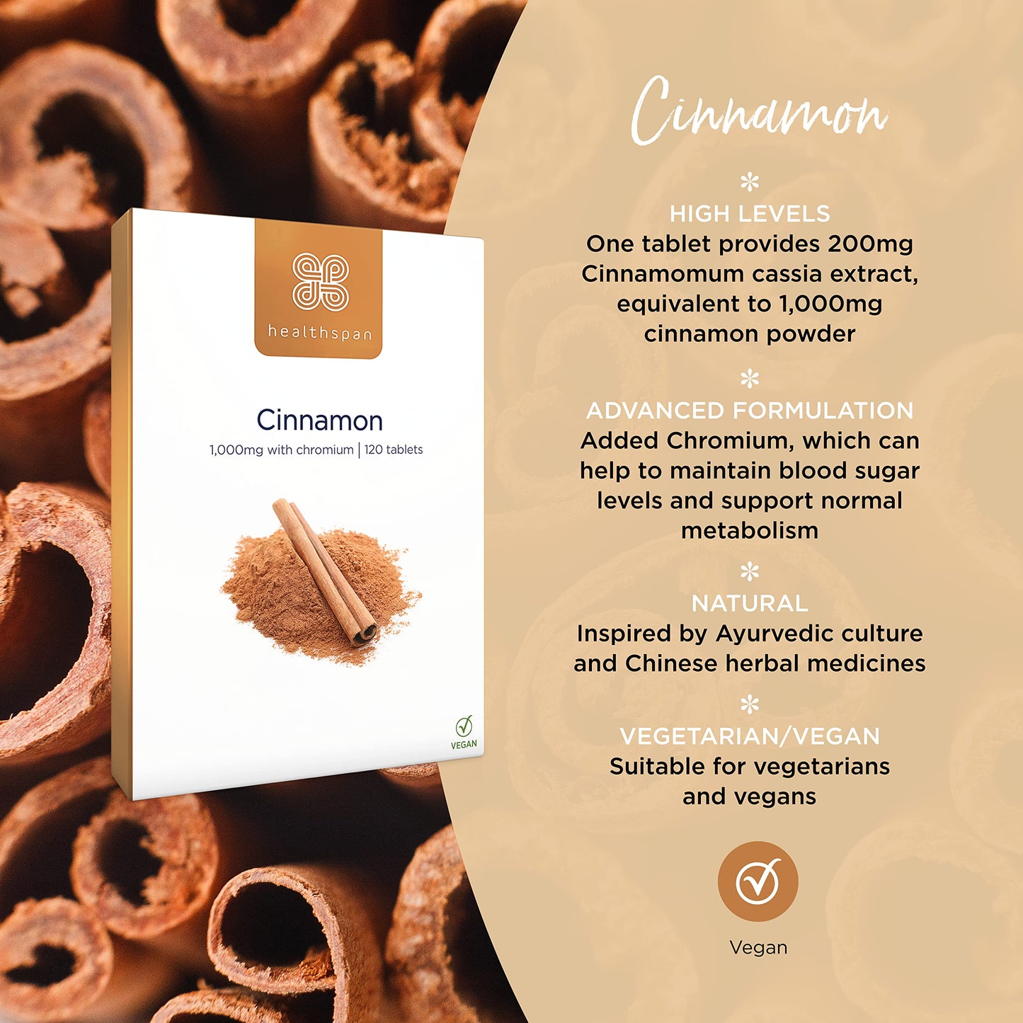 healthspan Healthspan Cinnamon 1,000mg (120 Tablets) | Supports Metabolism | Added Chromium to Maintain Blood Sugar Levels | Inspired by Ayurvedic Culture & Chinese Herbal Medicines | Vegan