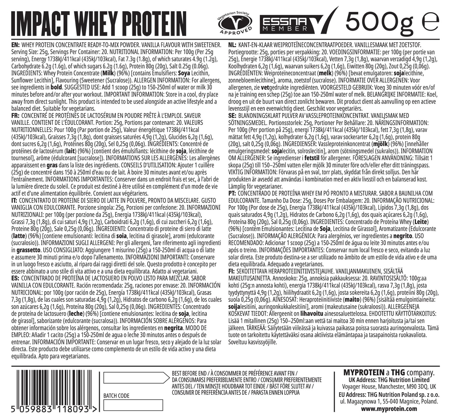 Myprotein Impact Whey Protein Vanilla Flavour, Muscle Building, Muscle Recovery, Over 80% Protein, 2g Leucine per Serving, Ideal for Lean Muscle Growth, Great Tasting Protein Supplement - 500g