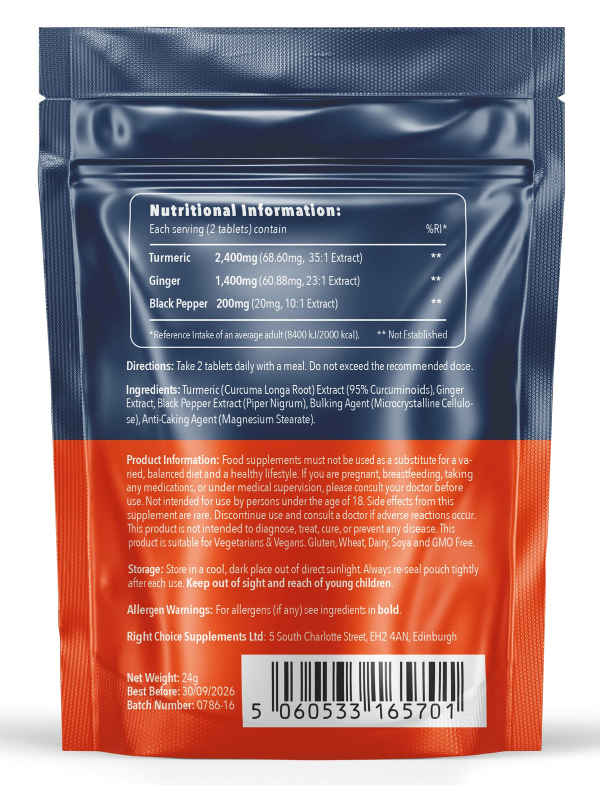 Right Choice Supplements Turmeric Tablets 4000mg per Serving (2400mg Turmeric, 1400mg Ginger, 200 mg Black Pepper) | 180 High Strength Curcumin Tablet Supplements| Vegan and Gluten Free | UK Made