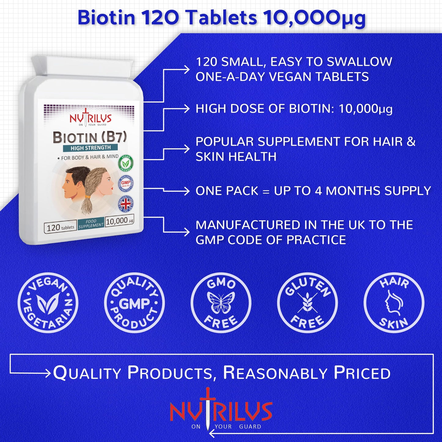 Nutrilus Biotin 120 Tablets 10,000µg - High Dose - Active D-Biotin - One-a-Day - Hair, Skin - Metabolism - Energy