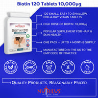 Nutrilus Biotin 120 Tablets 10,000µg - High Dose - Active D-Biotin - One-a-Day - Hair, Skin - Metabolism - Energy