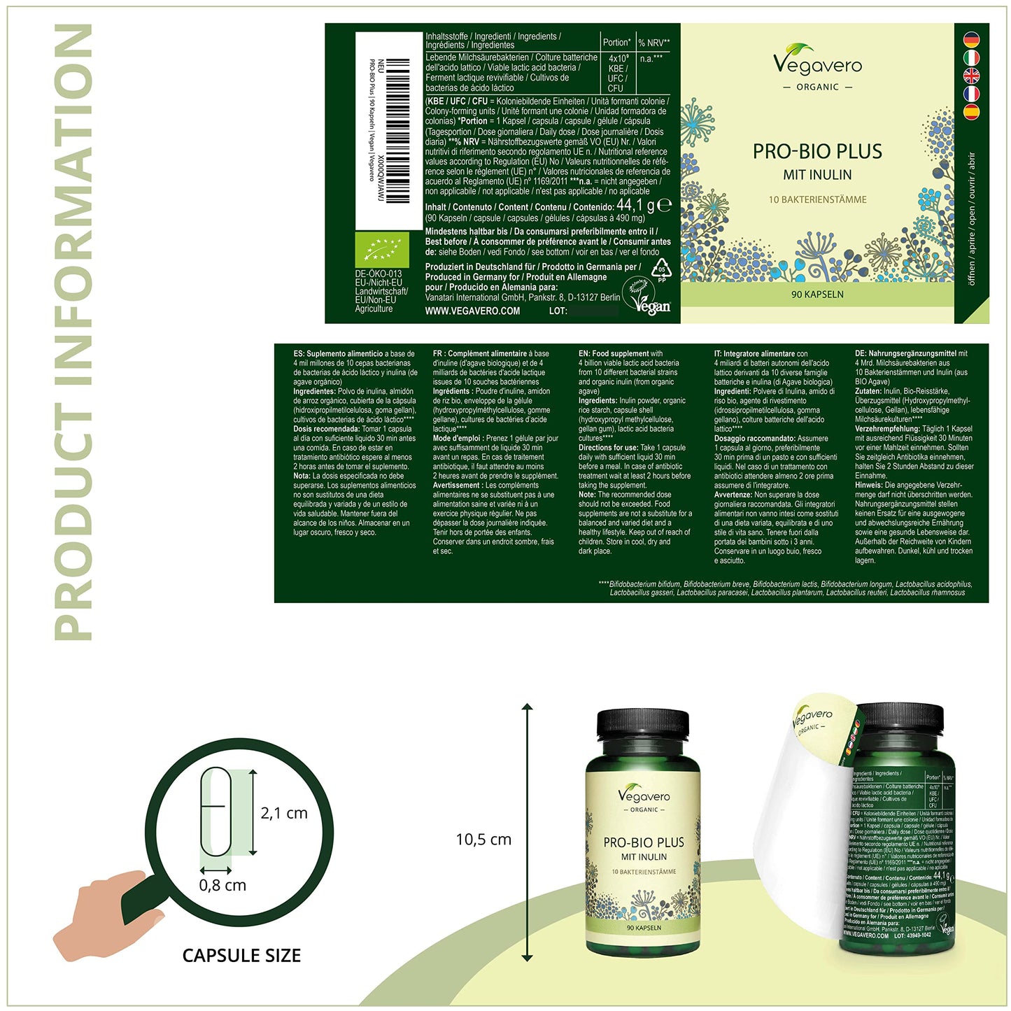 Probiotics & Prebiotics Vegavero® | 100% Organic | 10 Strains (Lactobacillus + Bifidobacterium) | 4 Billion Active Bacteria & Inulin from Agave | 90 Vegan Capsules | NO Additives