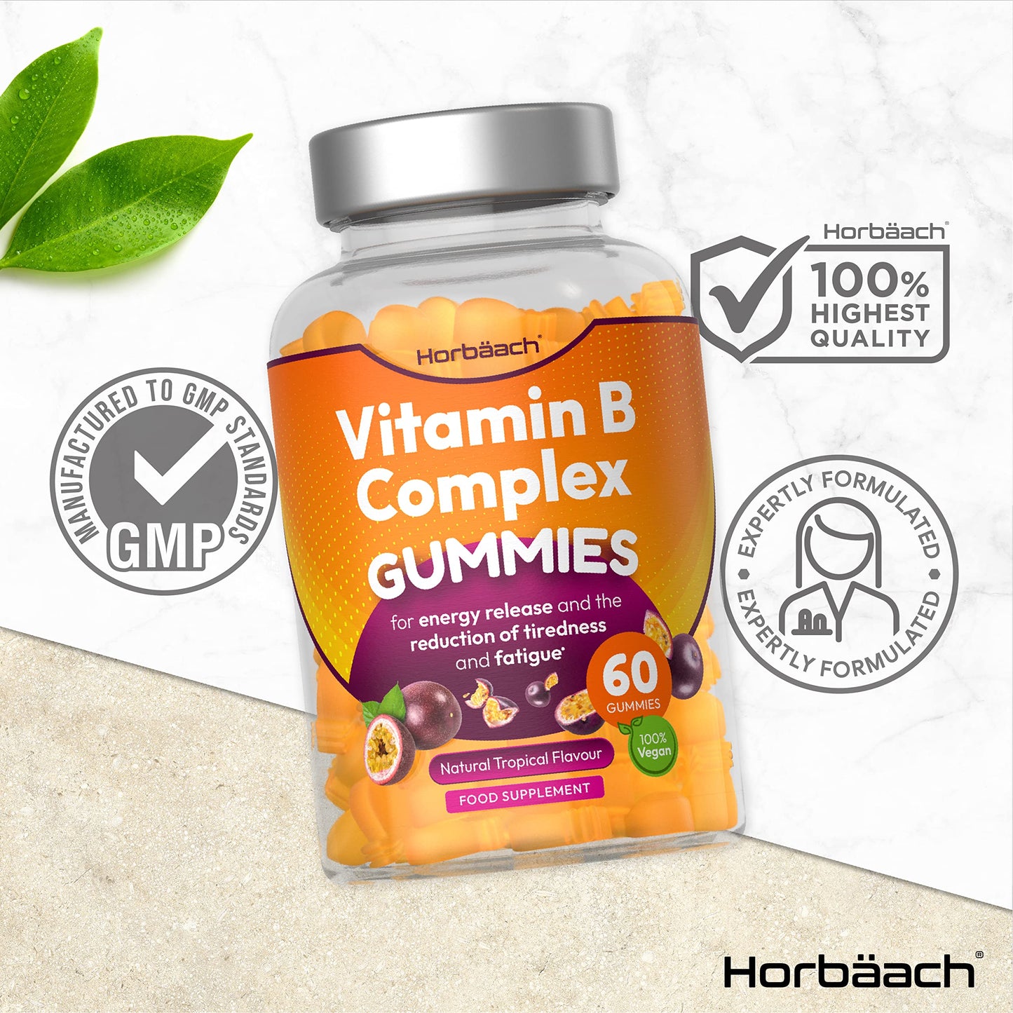 Vitamin B Complex Gummies | 60 Vegan Gummies - Tablet Alternative | High Strength B12, B6, B12, B2, B3, B5, Biotin, Folic Acid, Zinc and Iodine Supplement | by Horbaach