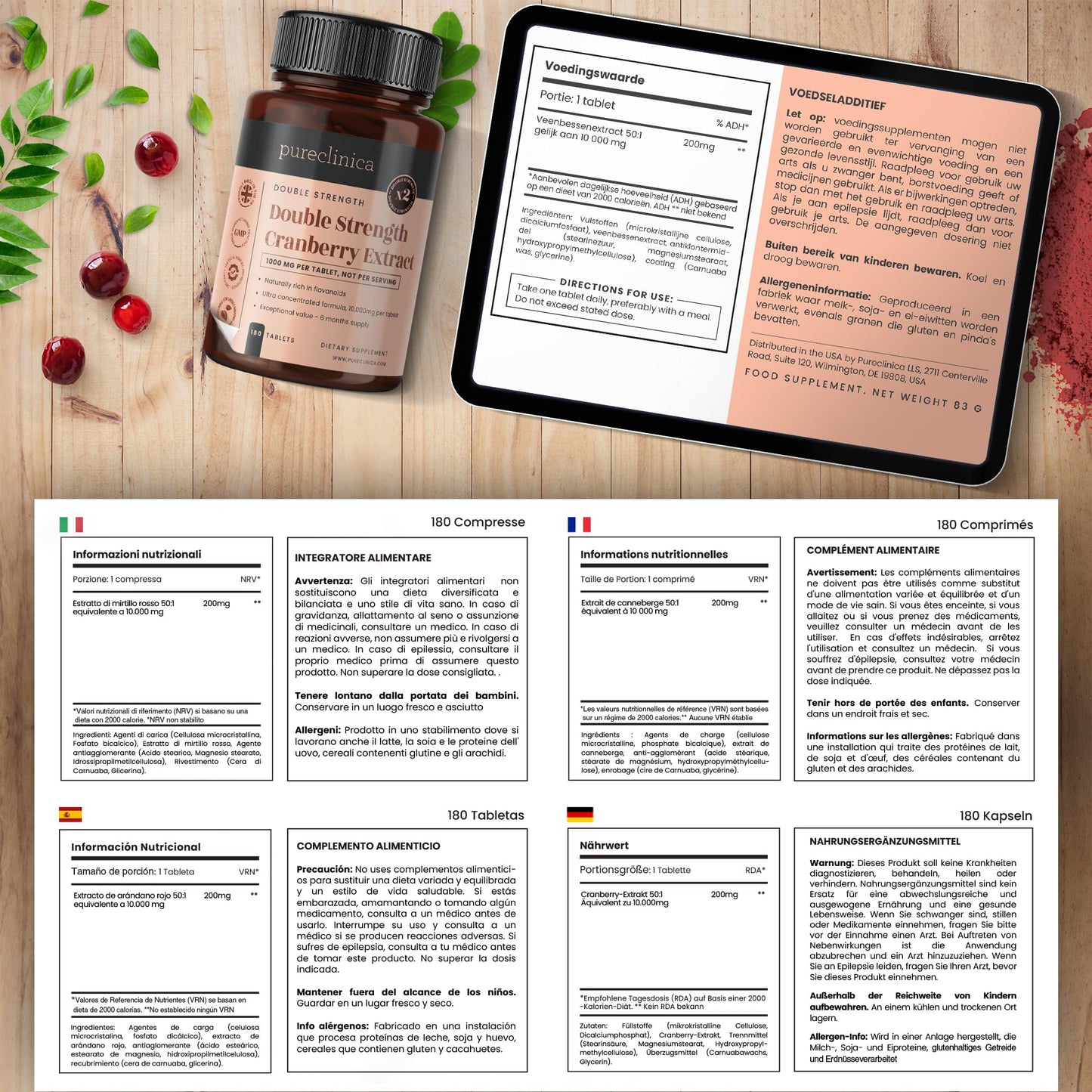 Pureclinica Double Strength Cranberry Extract 10,000mg x 180 Ultra Concentrated Tablets - 6 Months Supply!