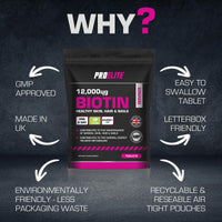 Biotin Hair Growth Supplement 12,000mcg - 60 Vegan High Strength Biotin Tablets - Hair and Nails Vitamins for Women & Men - Supports Hair, Skin & Nail Growth Vitamin B7 Tablets - PROELITE