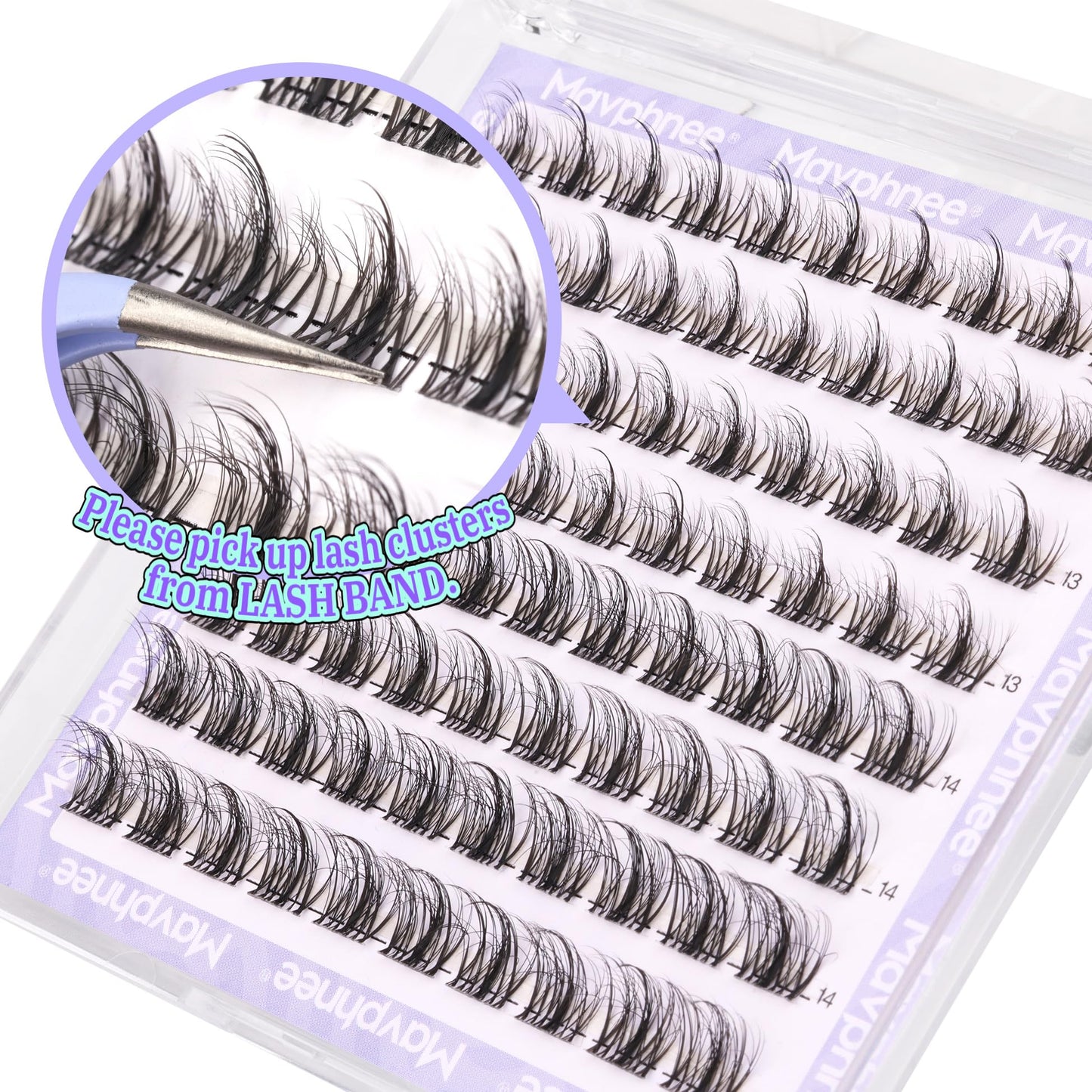 Natural Cluster Lashes Fluffy LC Curl Eyelash Extensions Wispy 96 Pcs Clear Band Lash Individuals Pack 12-14MM DIY at Home Lashes Pack by Mavphnee