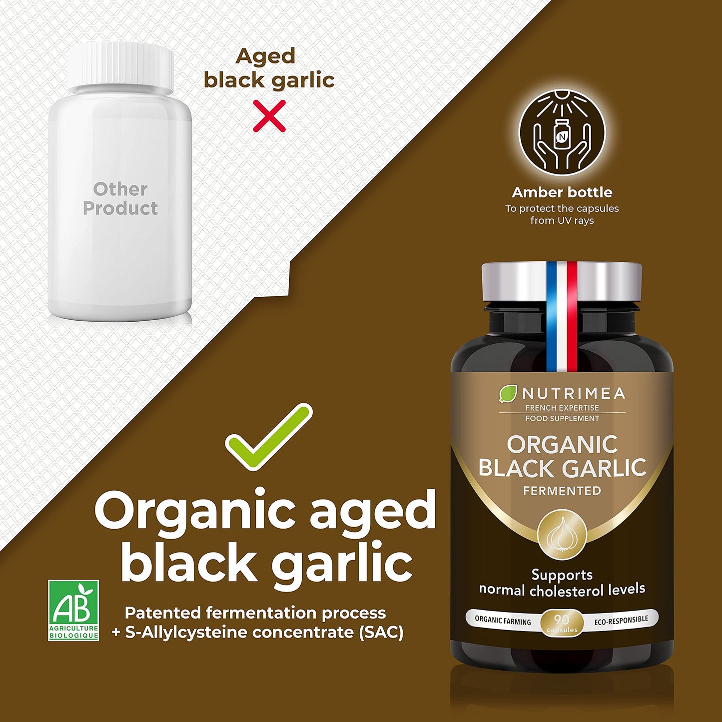 Organic Black Garlic (Fermented) | PATENTED Extract Standardised in S-allyl-cysteine | Immune System Booster | Natural Antioxidant | 90 Vegan Capsules (250mg) | French Expertise