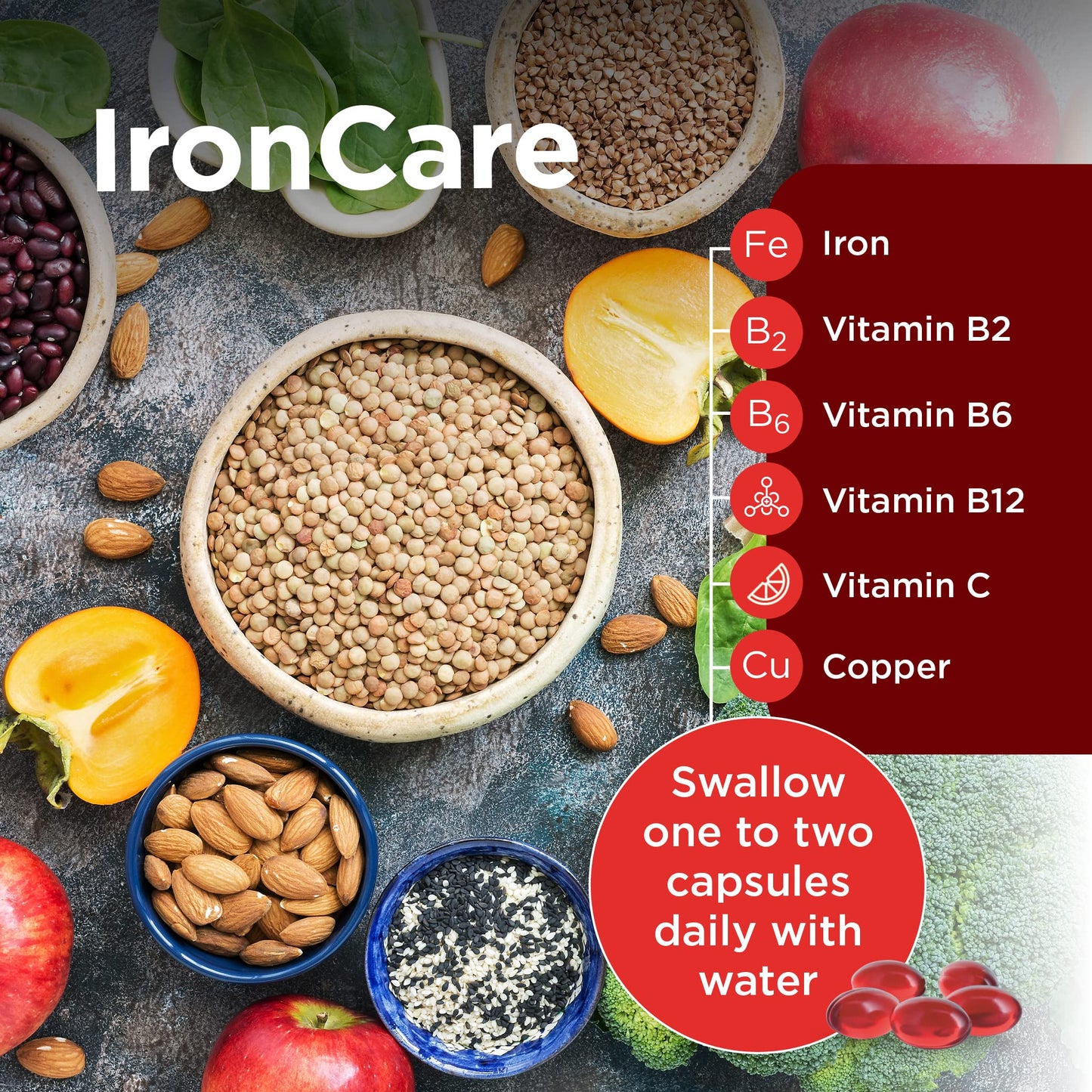 Healthspan IronCare (120 Tablets) | Added Vitamin C & B2, B6 & B12 | Stomach Friendly | Combats Tiredness & Fatigue | Supports Red Blood Cell Formation | Vegan