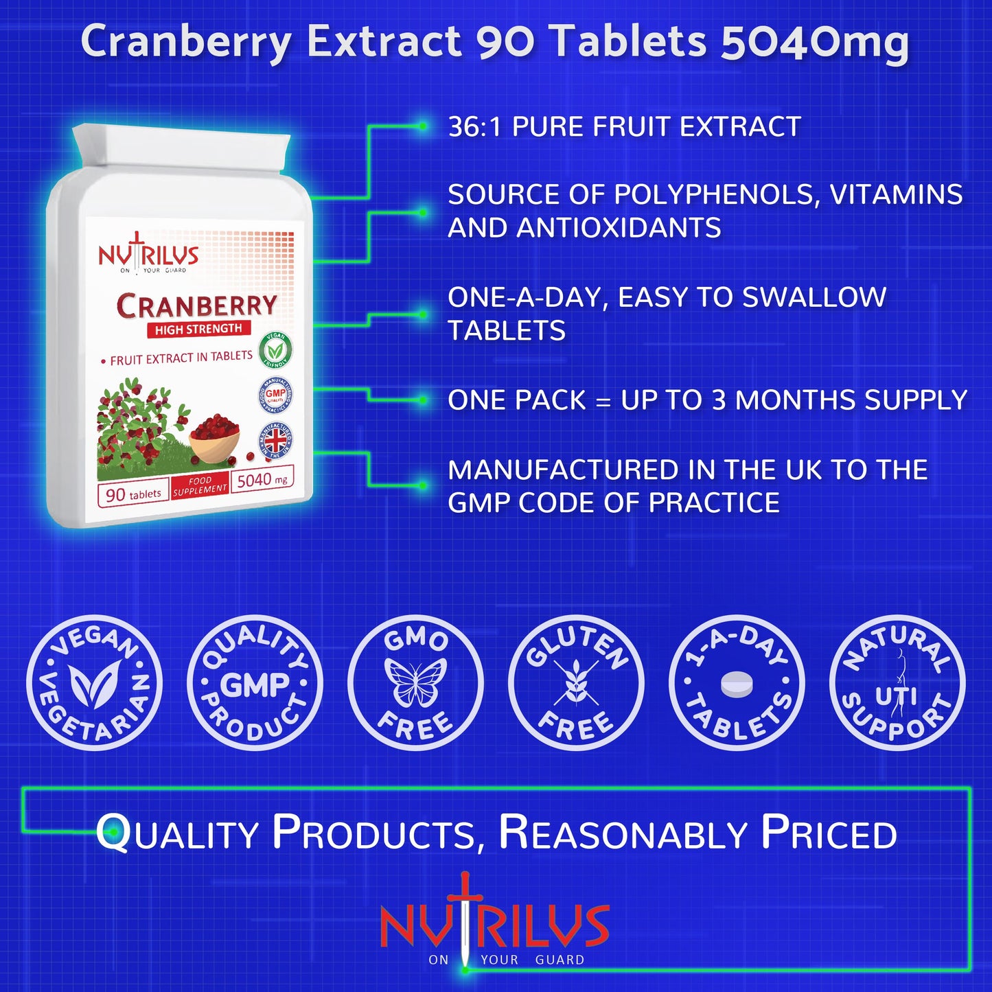 Nutrilus Cranberry Extract 90 Tablets 5040mg - High Strength - One Daily - UTI Prevention - Urinary Tract, Bladder Support