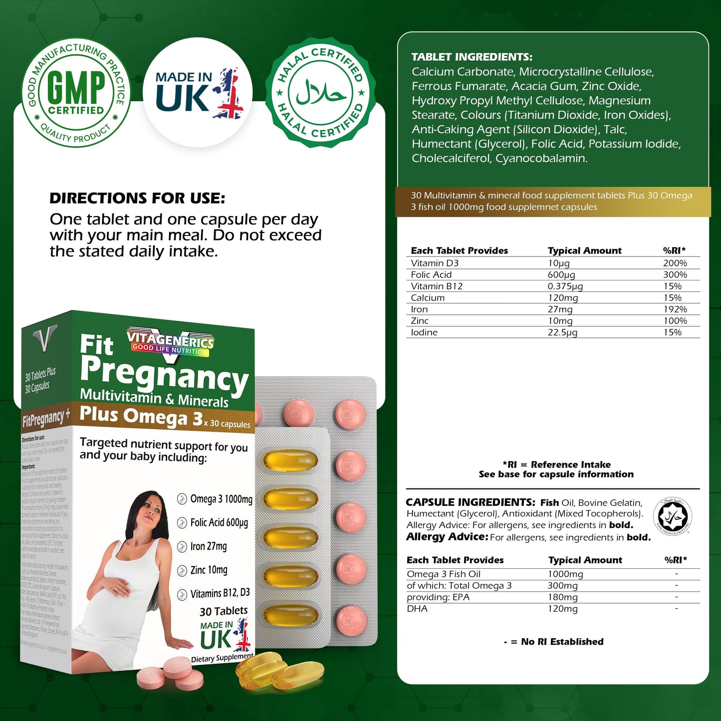 VitaGenerics VITAGENERICS FitPregnancy Multivitamin & Minerals Plus Omega 3, 30 Tablets Plus 30 Capsules, with Zinc, Iron & B Vitamins, Made in UK