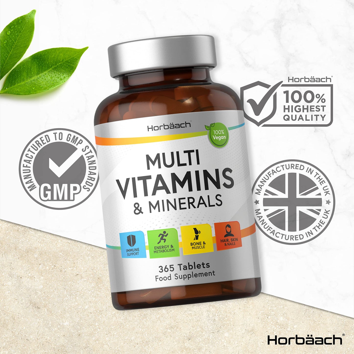 Multivitamin Tablets for Men and Women | 365 Count | with 24 Essential Nutrients Including Vitamin D, B12, Zinc and Iron | 100% Vegan Supplement | by Horbaach