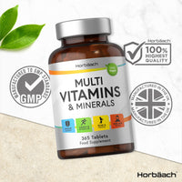 Multivitamin Tablets for Men and Women | 365 Count | with 24 Essential Nutrients Including Vitamin D, B12, Zinc and Iron | 100% Vegan Supplement | by Horbaach