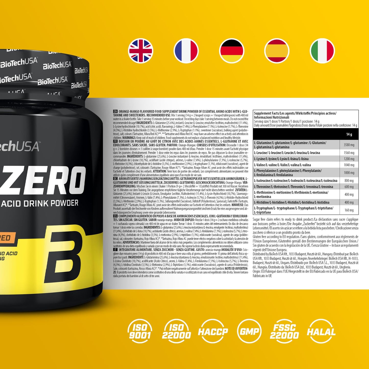 BioTechUSA EAA Zero - Essential Amino Acid Power | 7160mg EAA/Serving | WHO Recommended Ratio | Sugar-Free, Gluten-Free, 350 g, Orange-Mango