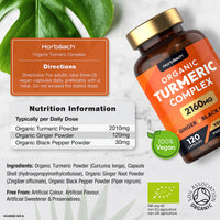 Organic Turmeric and Black Pepper Capsules | 2160mg | High Strength Curcumin with Ginger | 120 Vegan Capsules | by Horbaach