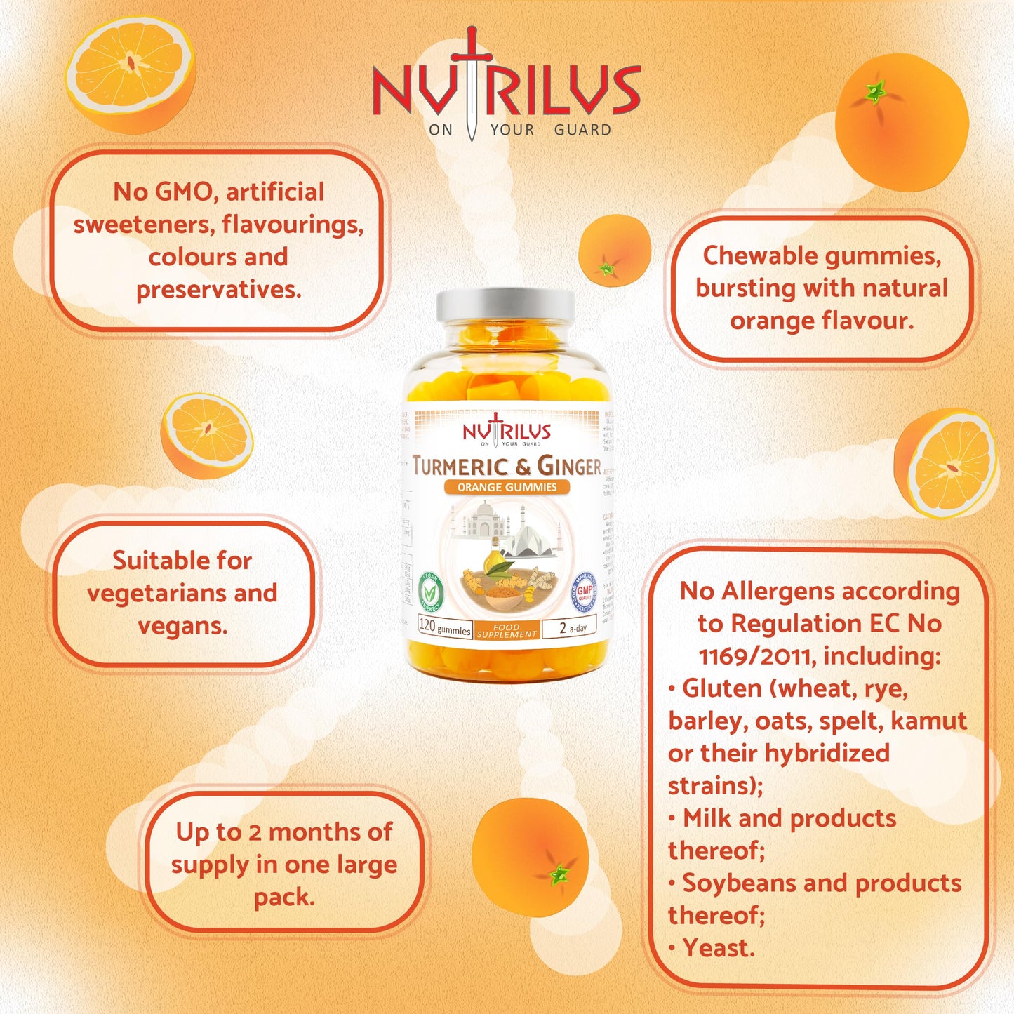 Turmeric and Ginger 120 Natural Orange Gummies - High Strength, Vegan Supplement - Large Pack - 13,500mg per Serving - 95% Curcuminoids