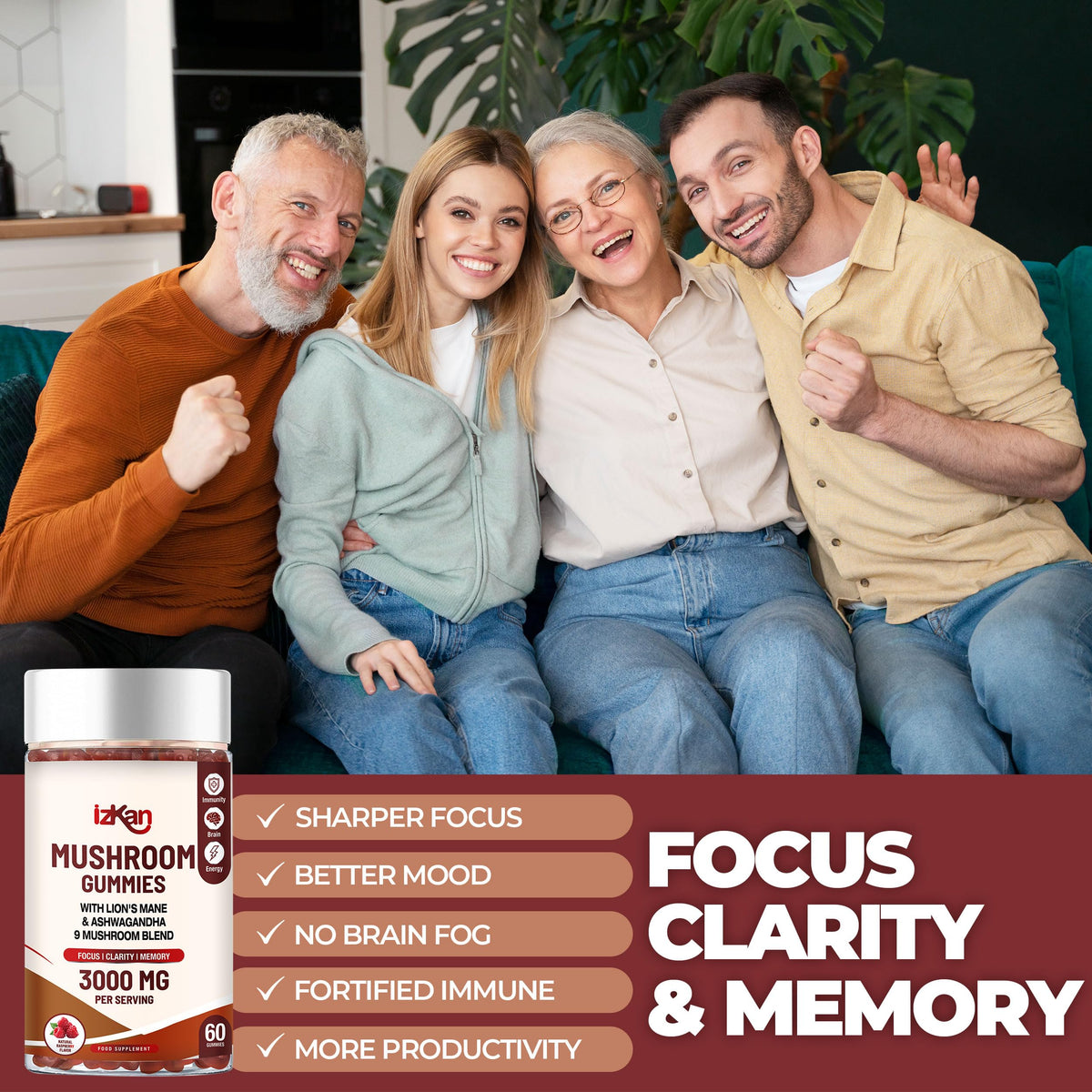 Izkan Mushroom Complex Gummies 3000mg - Lion Mane & 9 Brain Health Mushrooms Gummies with Ashwagandha Supplement Promotes Calm Focus Memory Mood Immunity & Energy - 60 Count (Halal, Gluten-Free, Vegan) (1)
