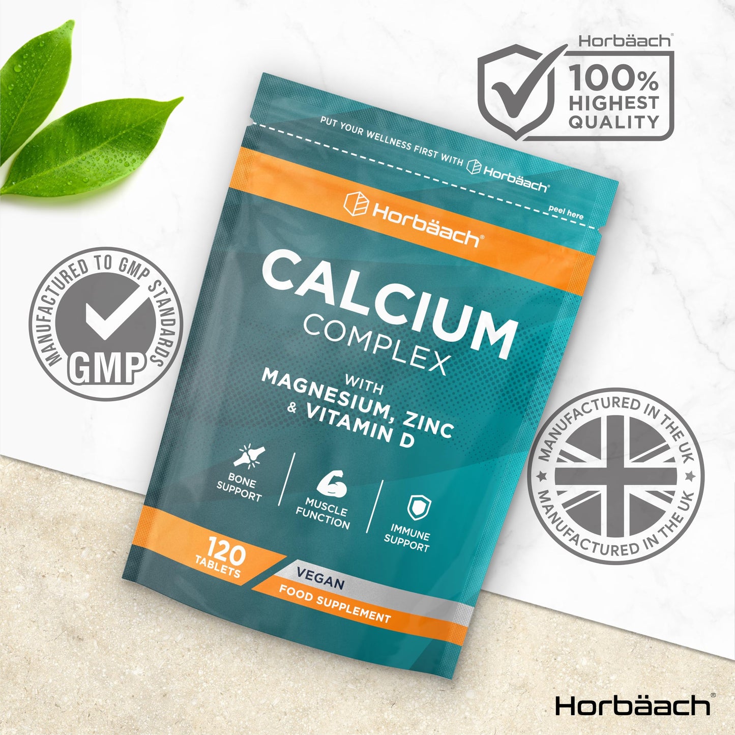 Horbäach Calcium Tablets | Calcium, Magnesium, Zinc and Vitamin D | High Strength Complex | 120 Vegan Tablets | Supplement for Women & Men | Horbaach