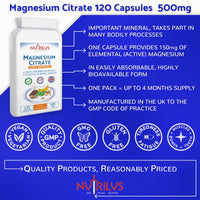 Magnesium Citrate Capsules 120 x 500mg - 150mg of Bioavailable Elemental Magnesium per Capsule - not Tablets - for Bones - Muscles - Tiredness - Cramps - Sleep