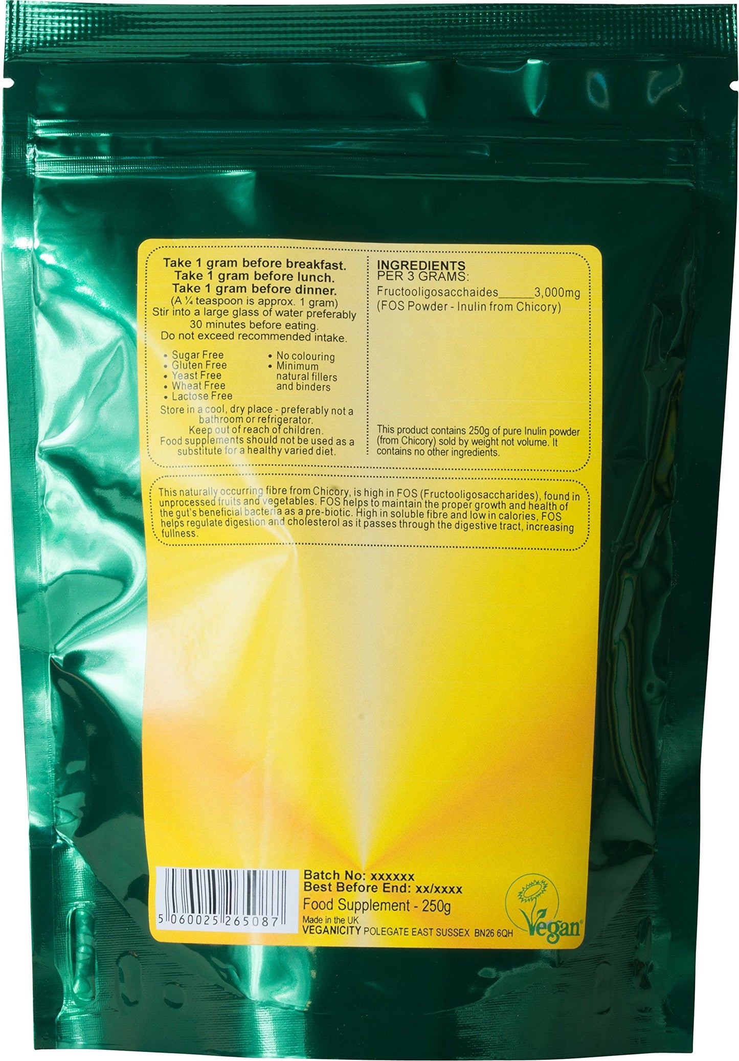 Veganicity Inulin Powder (FOS - Fructooligosaccharides) : Pre-Biotic Digestive Health Supplement: 250g