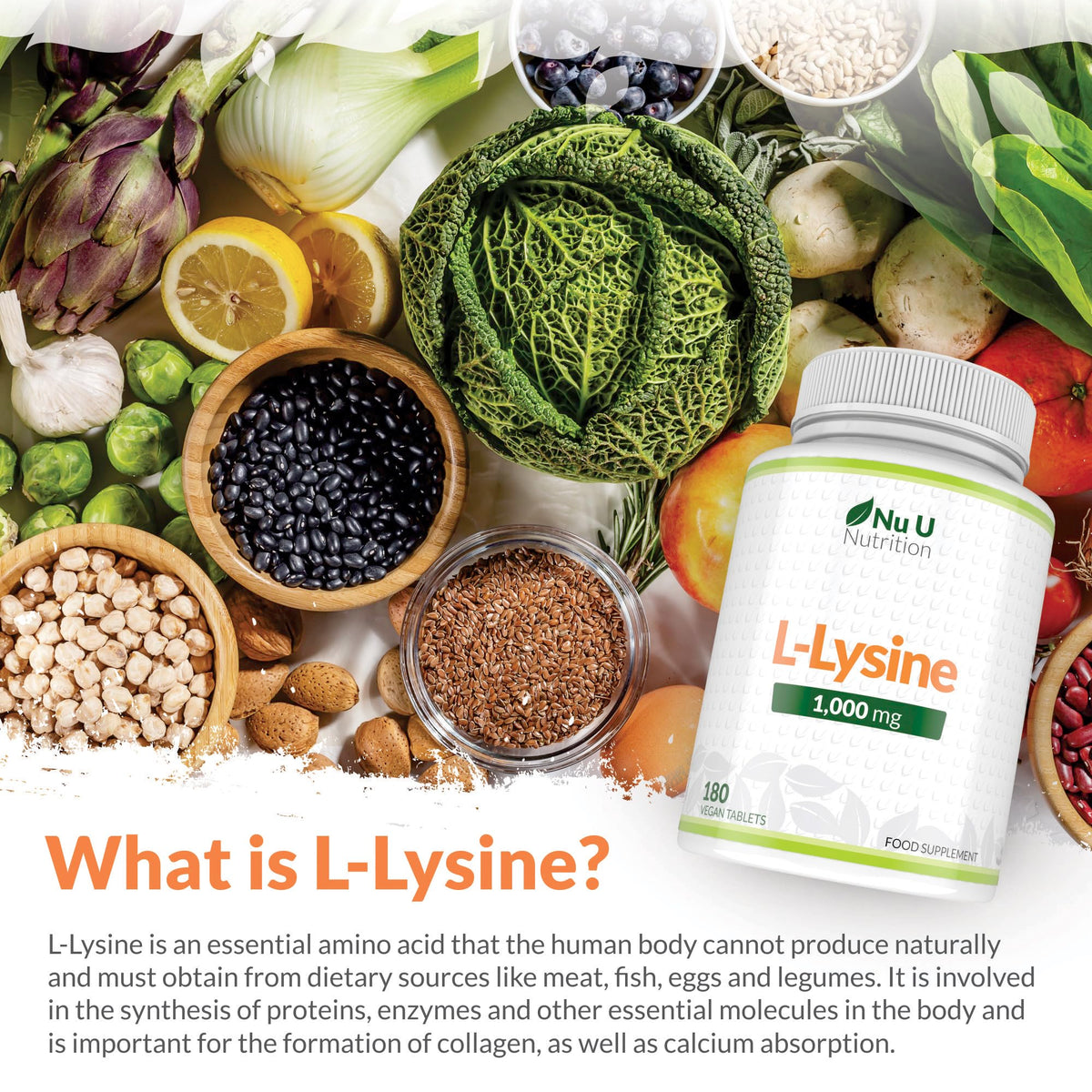 L-Lysine 1000mg High Strength - 180 Vegan Tablets - 6 Month Supply - Essential Amino Acid - Made in The UK - Nu U Nutrition