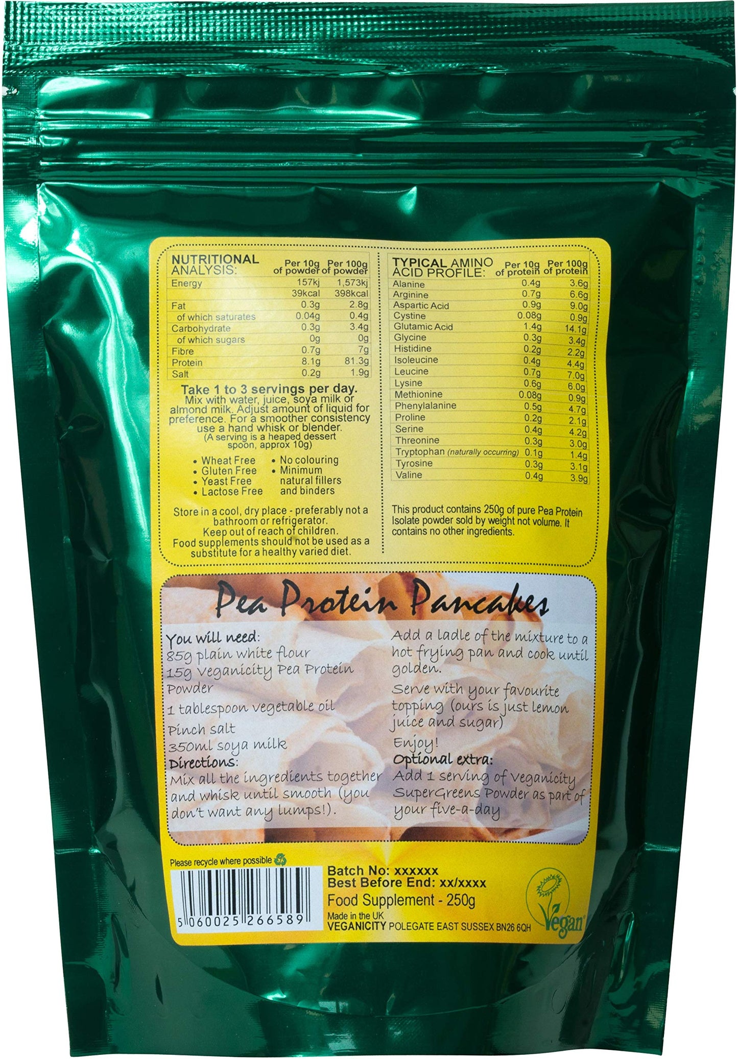 Veganicity Pea Protein Powder : Natural and Unflavoured 80% Protein : 250g
