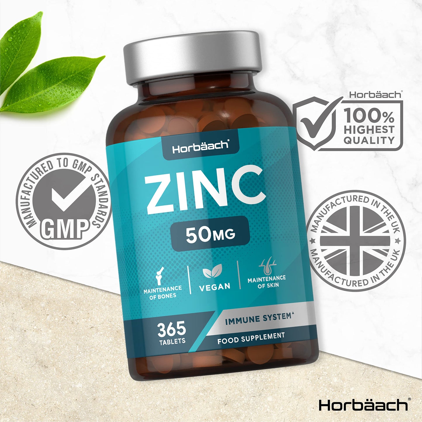 Zinc Supplement 50mg | 365 Vegan Tablets | for Immunity, Skin, Hair, Nails, Bones & Vision | Zinc Gluconate | No Artificial Preservatives | by Horbaach