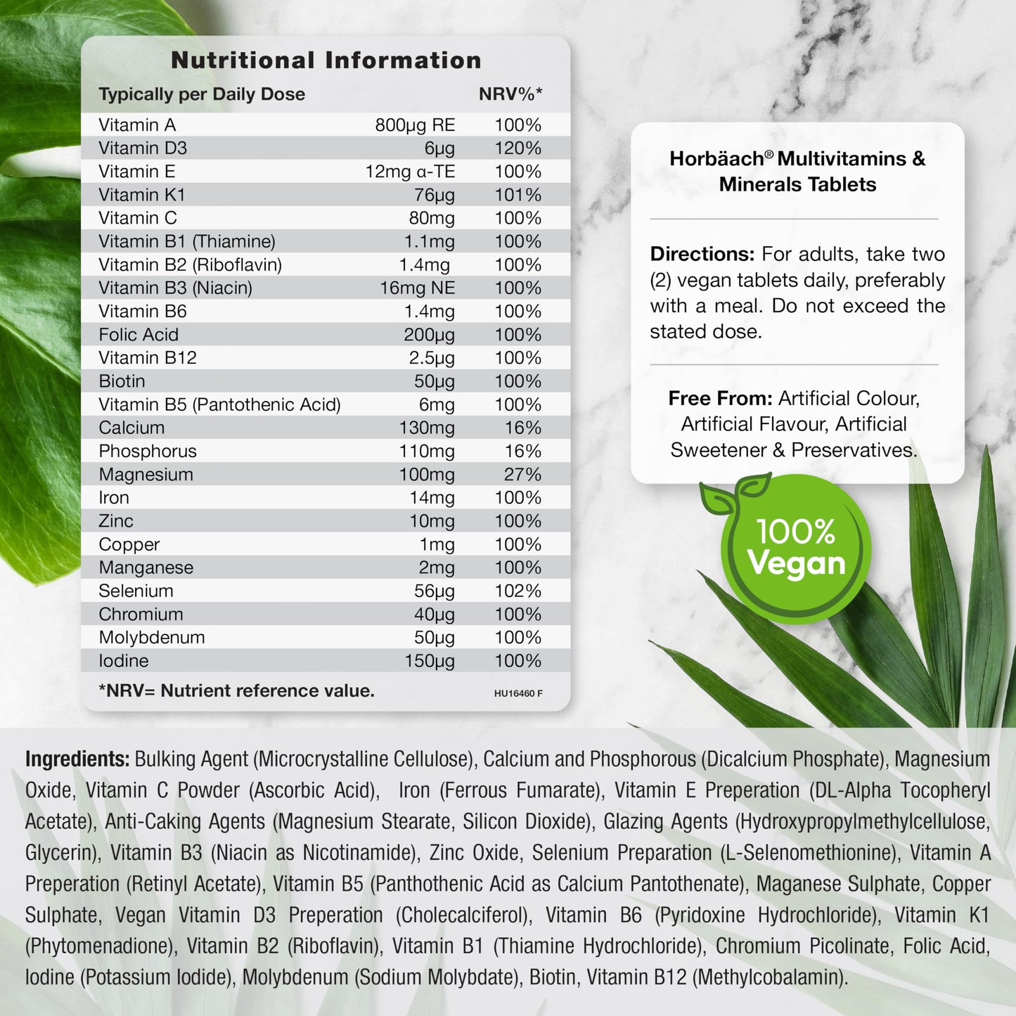 Multivitamin Tablets for Men and Women | 365 Count | with 24 Essential Nutrients Including Vitamin D, B12, Zinc and Iron | 100% Vegan Supplement | by Horbaach