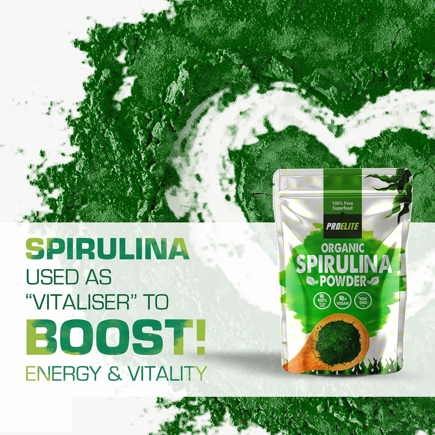 Organic Spirulina Powder 500g Natural Immune Booster | Premium Superfood Super Greens Spirulina Powder | Rich in Essential Vitamins & Minerals Vegans & Vegetarians by PROELITE