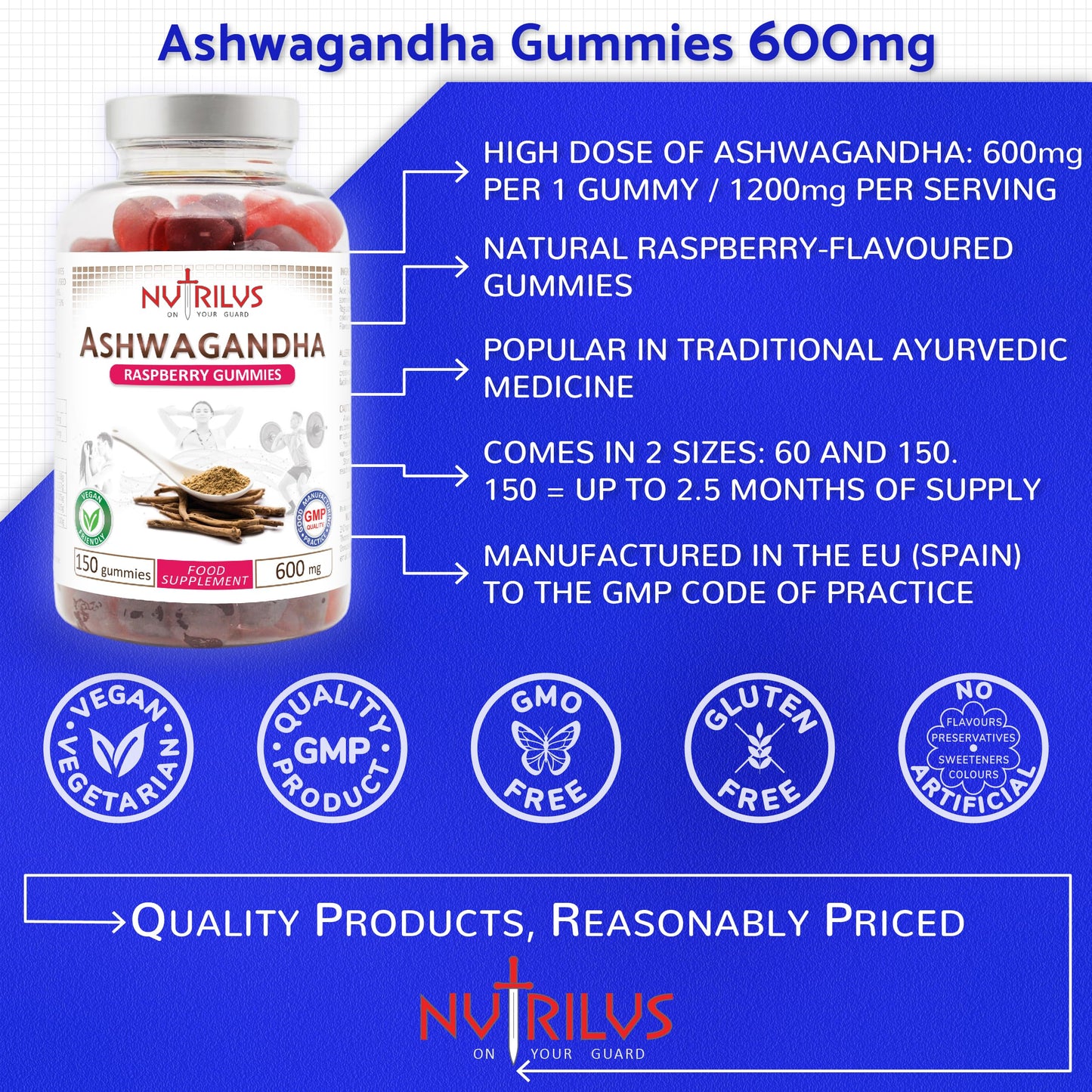 Nutrilus Ashwagandha Root Extract Gummies 600mg – 1200mg per Serving - High Strength – 5% Withanolides – Natural Flavour Vegan Gummy Supplement (60 Gummies)