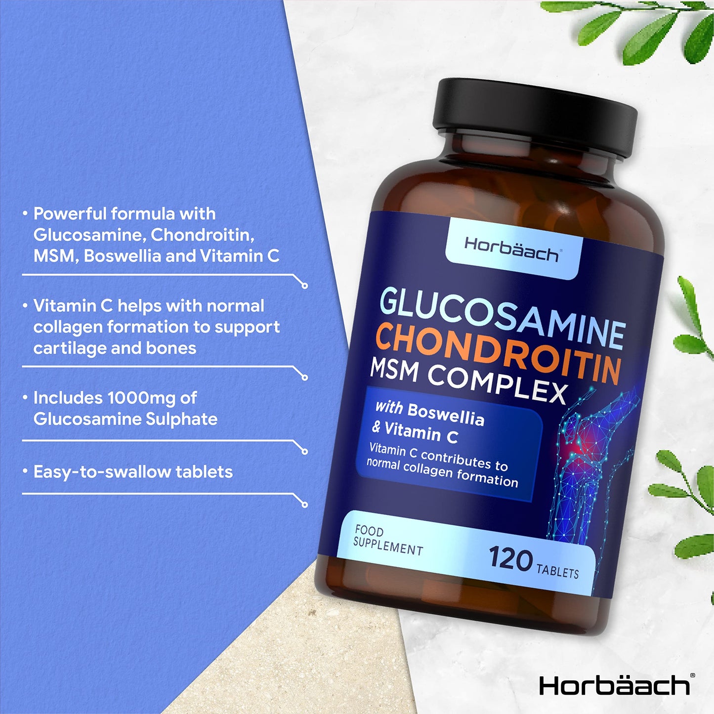 Glucosamine and Chondroitin MSM Complex | 120 Tablets | High Strength Supplement with Boswellia and Vitamin C | for Collagen Formulation | by Horbaach