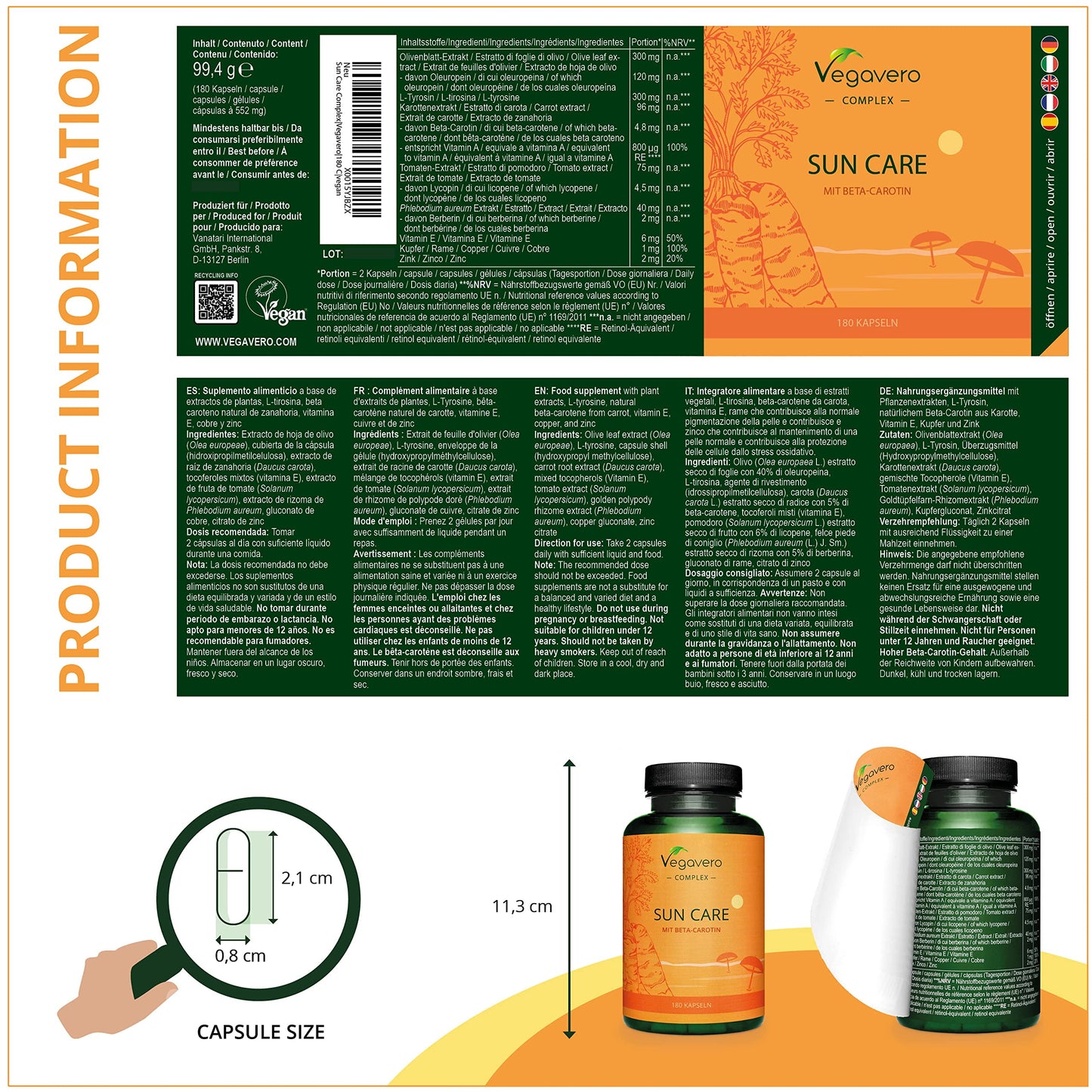 Tanning Capsules Vegavero® | Beta Carotene, Vitamin E, L-Tyrosine, Copper, Zinc & Olive Leaf Extract | Flavonoids | Lycopene | Skin Protection Support | NO Additives, Lab-Tested | Vegan