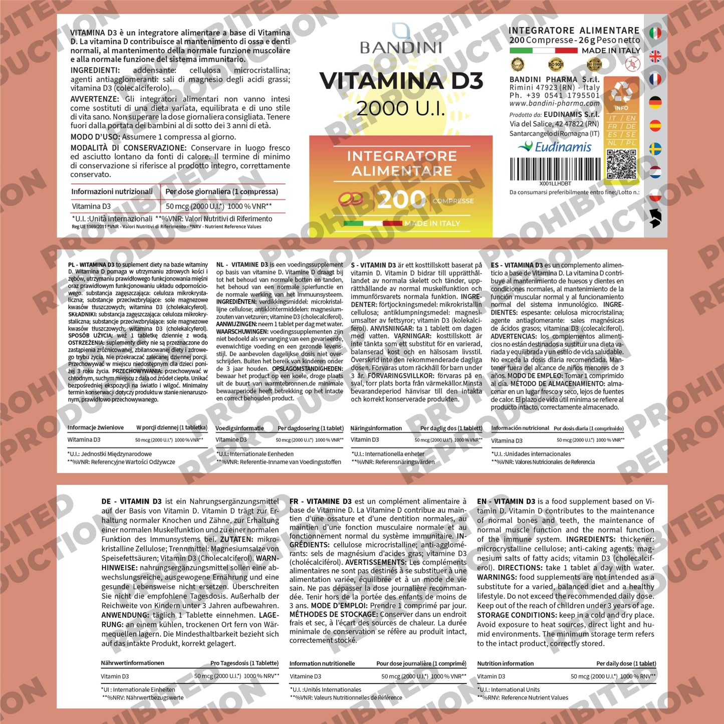 BANDINI Bandini® Vitamin D 2000 IU 200 Tablets (6 Month Supply) - High Dosage - 50 mcg of Cholecalciferol - Immune defenses, Bone, Tooth and Muscle Health - Calcium Metabolism - Pure Vitamin D3