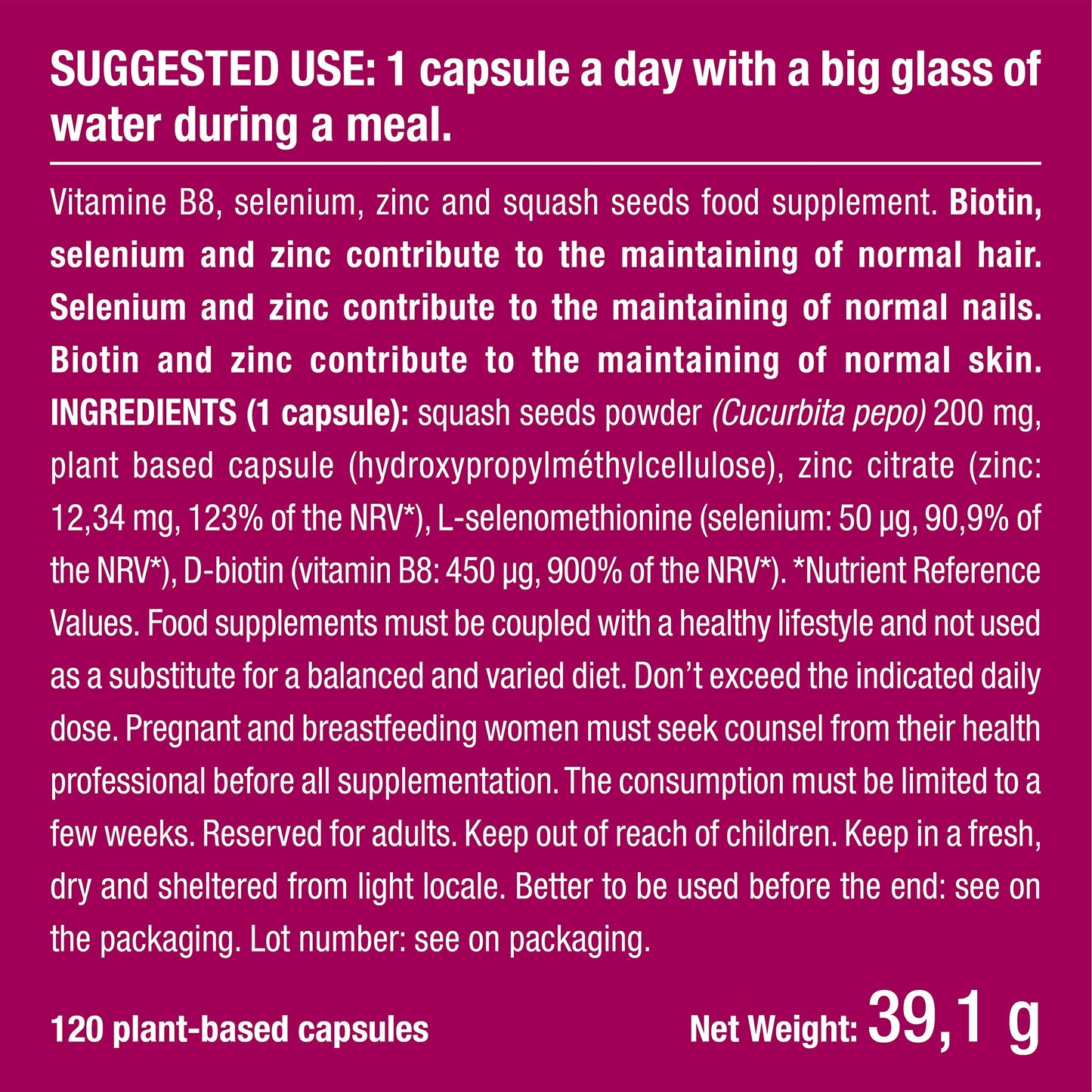 Biotin Hair & Nail Growth Supplement - Enriched with Zinc & Selenium - Contributes to Skin Care - 120 Vegan Capsules - French Expertise