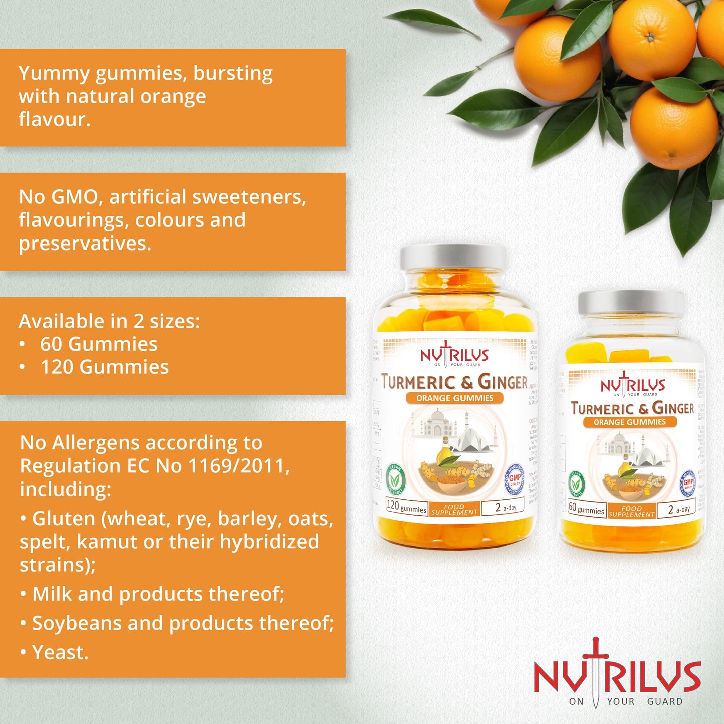 Nutrilus Turmeric and Ginger 60 Natural Orange Gummies - High Strength, Vegan Supplement - 13,500mg per Serving - 95% Curcuminoids (60 Gummies)