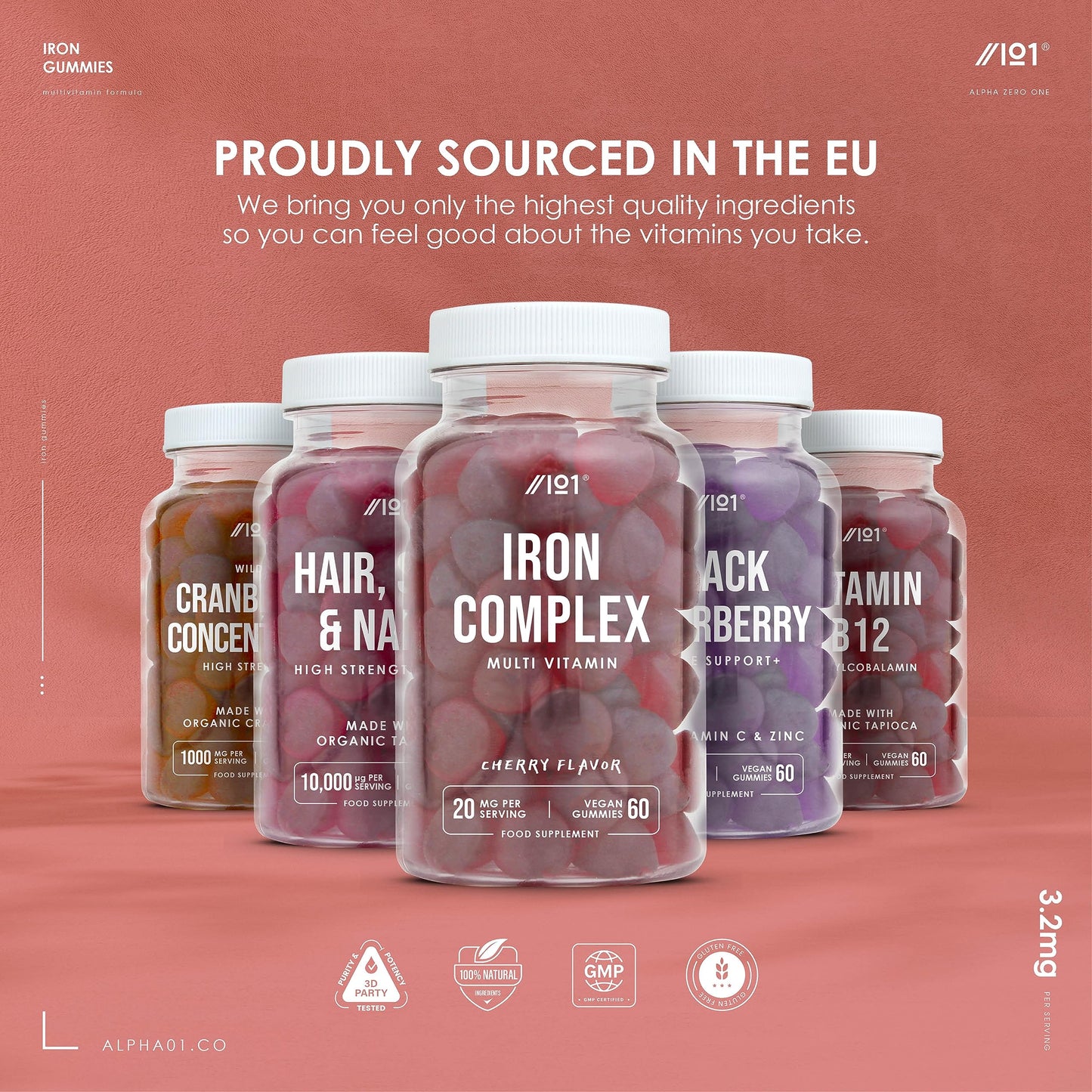 Iron Complex Gummies - 3200mcg - Potent Formula for Energy & Immunity, Made with Organic Tapioca, Cherry Flavour - Kosher, Halal, Non GMO - 60 Vegan Fruity Gummies