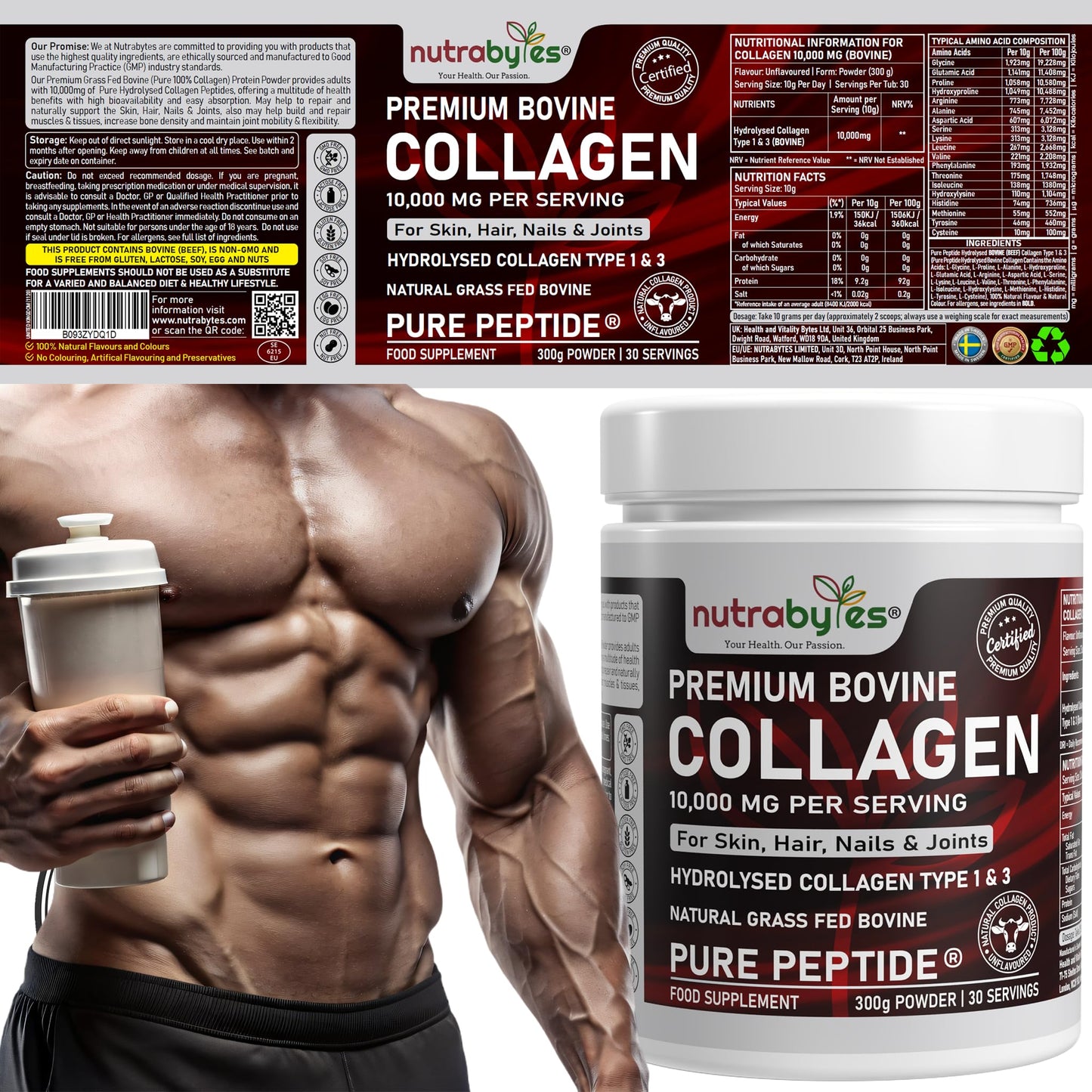 NUTRABYTES Bovine Collagen Powder 10000mg | Grass Fed Hydrolysed Collagen Peptides Type 1 & 3 | Unflavoured | Skin Hair Nails | 19 Amino Acids | Kosher Halal Certified | Women & Men | 30 Day Supply